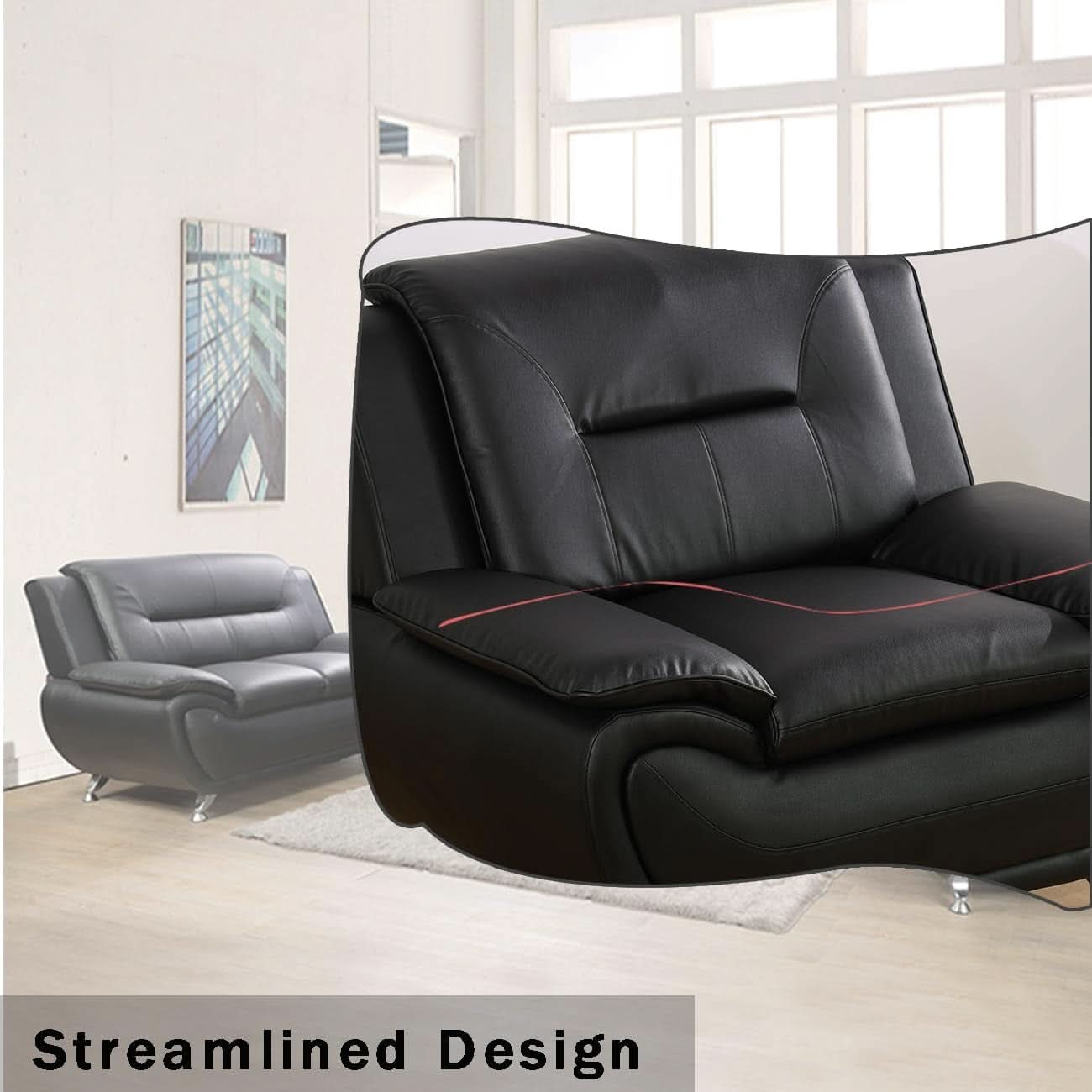 Black Leather Sofa and Loveseat Set for Living Room