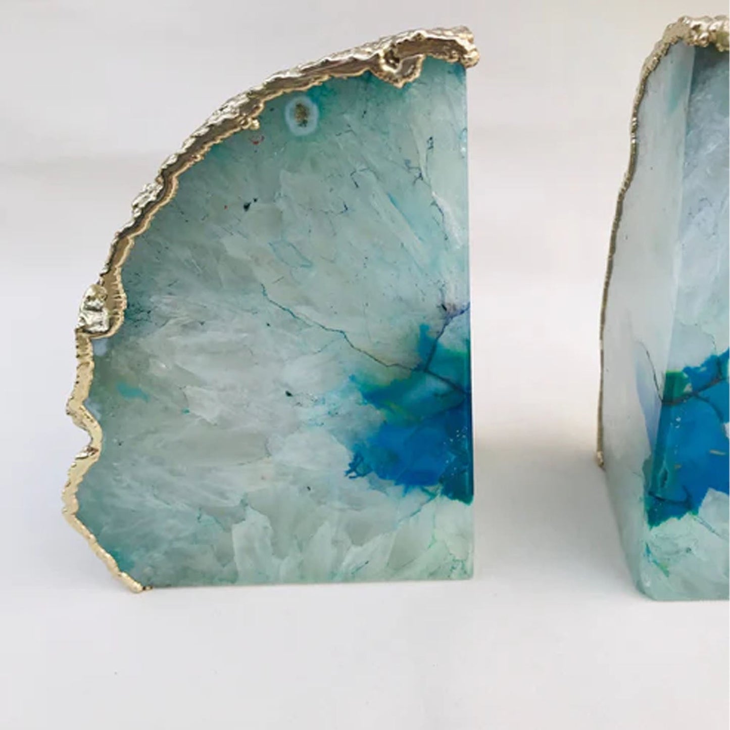 Natural Aqua Agate Bookends with Metallic Edge