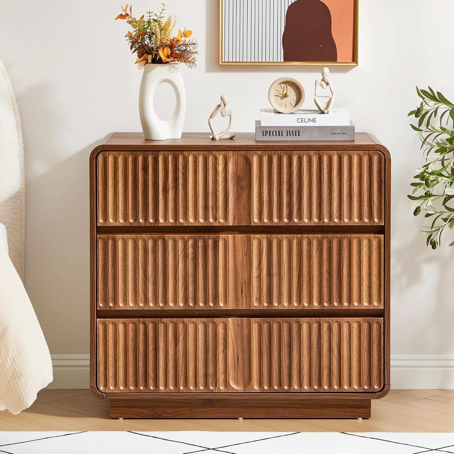 Walnut Fluted 3-Drawer Dresser