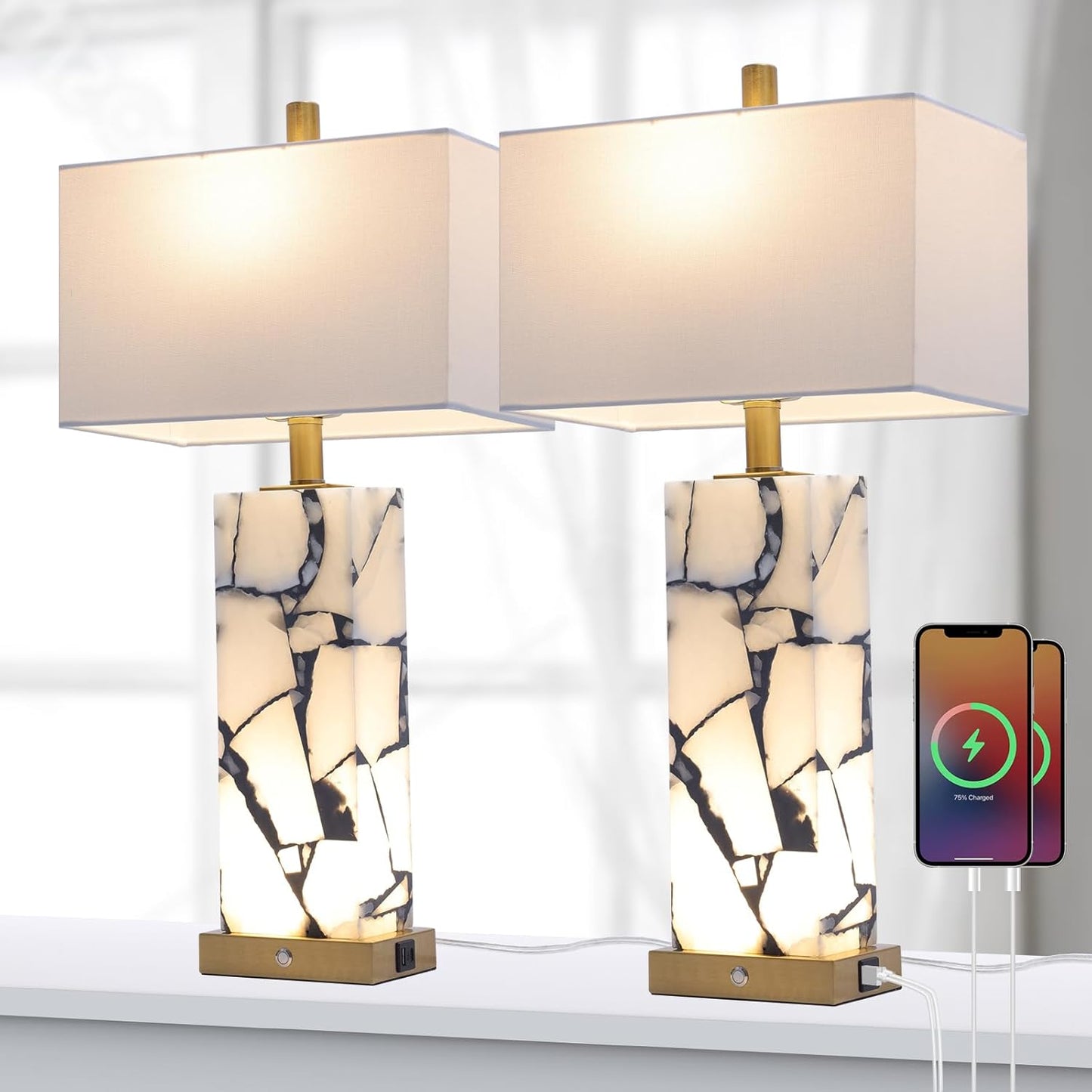 Set of 2 Natural Marble Table Lamps