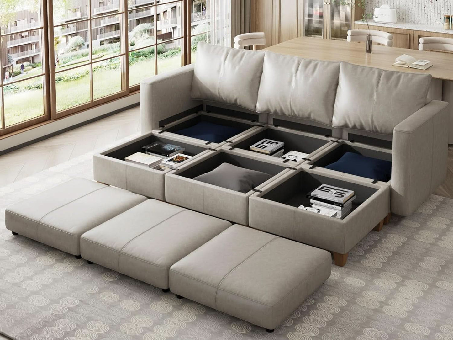 Modular Faux Leather Sectional Sleeper Sofa with Storage