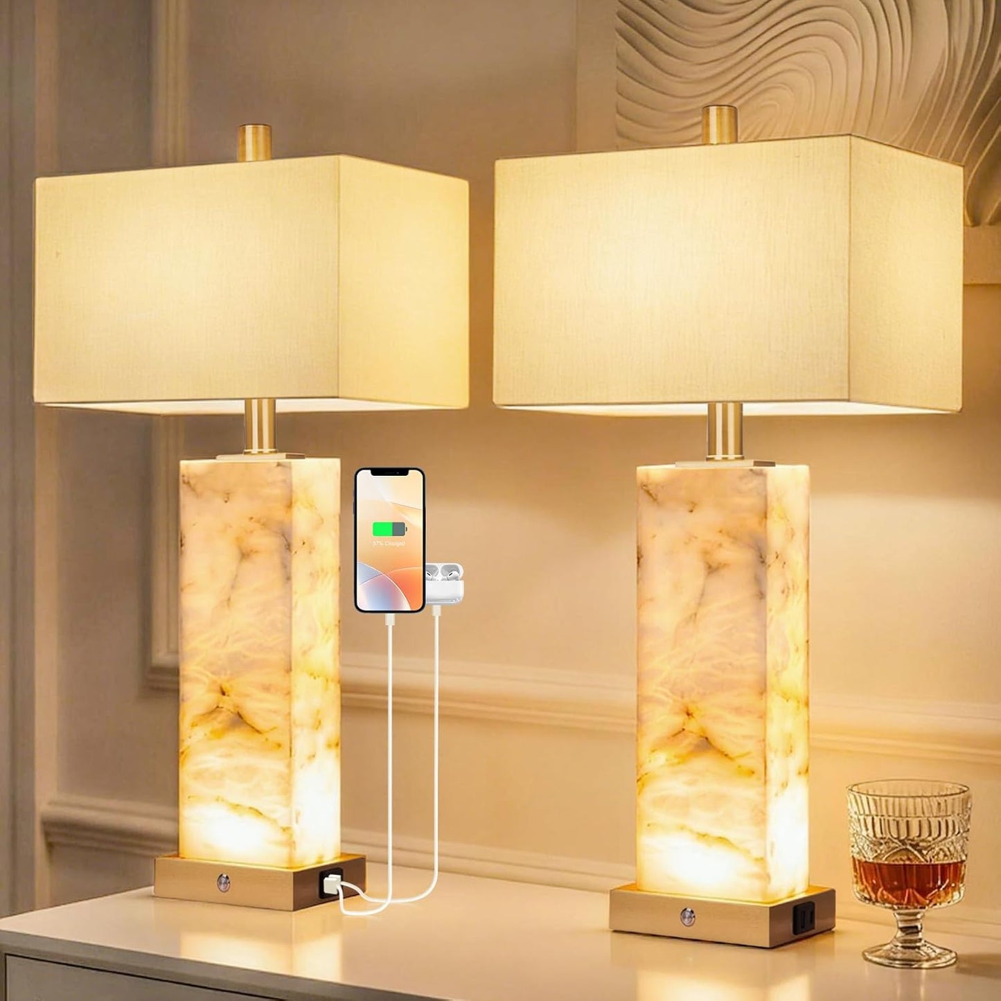 Set of 2 Natural Marble Table Lamps