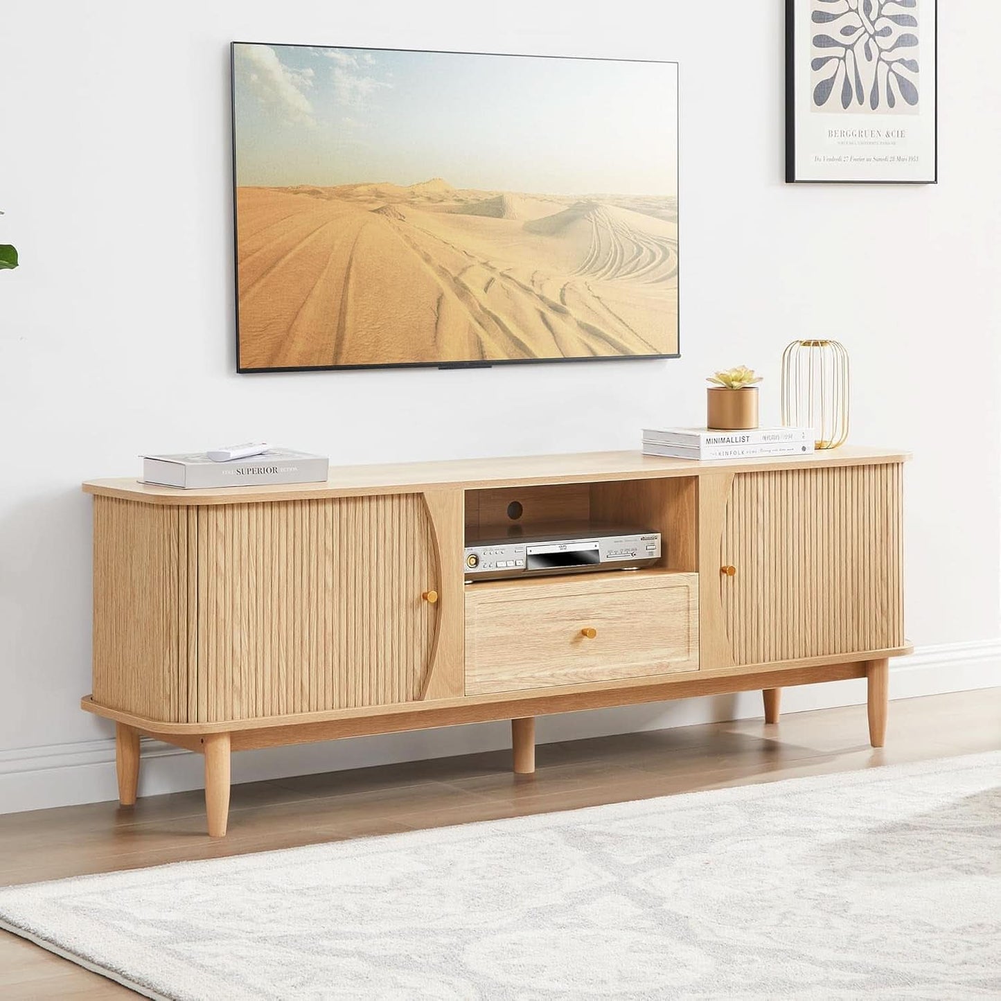Natural Wood TV Stand with Sliding Doors