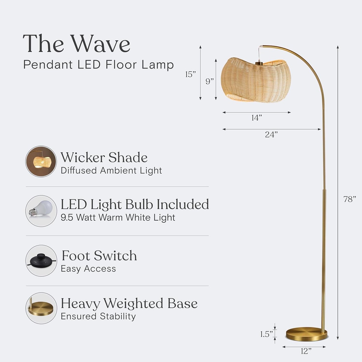 Aura Brass Arc Floor Lamp with Handwoven Wicker Shade