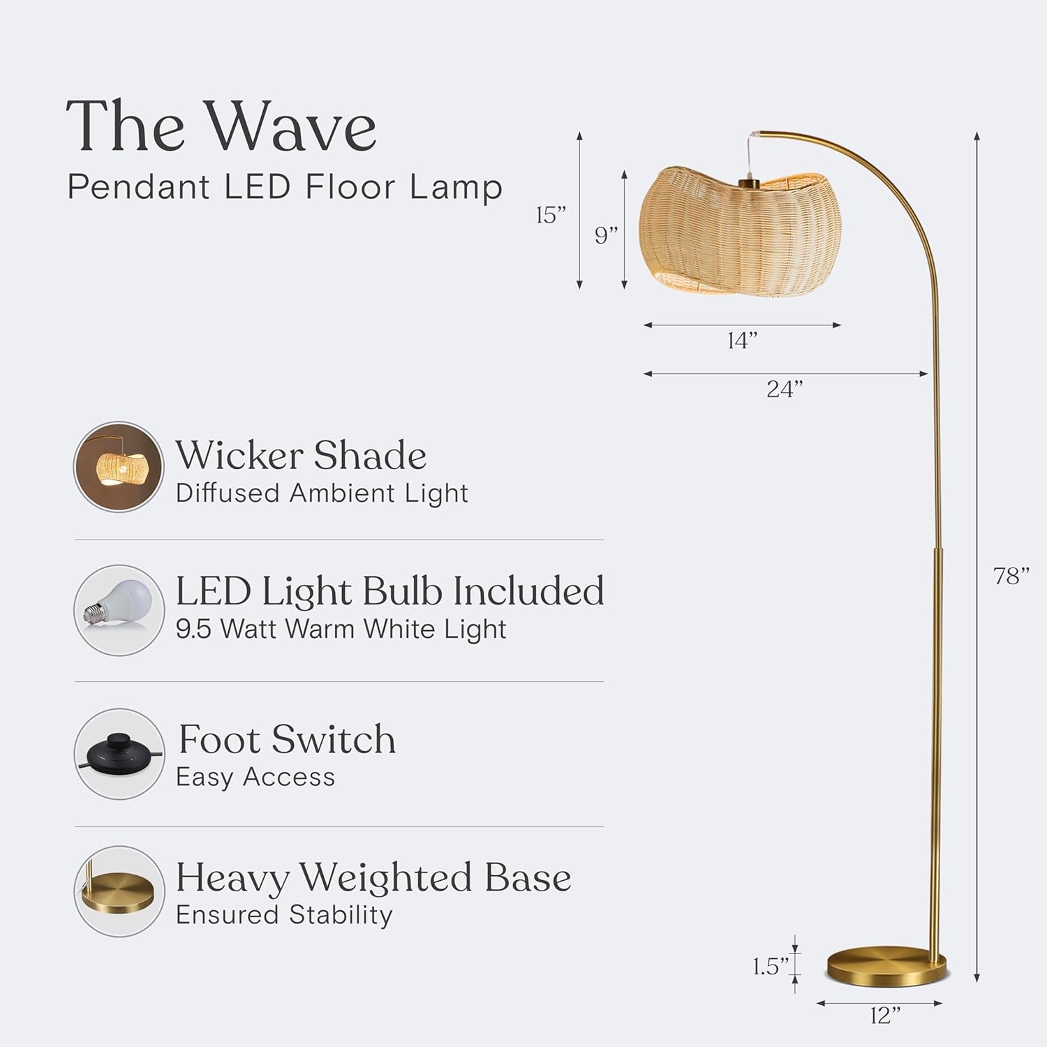 Brass Wave Arc Floor Lamp Handwoven Wicker Shade Aura
