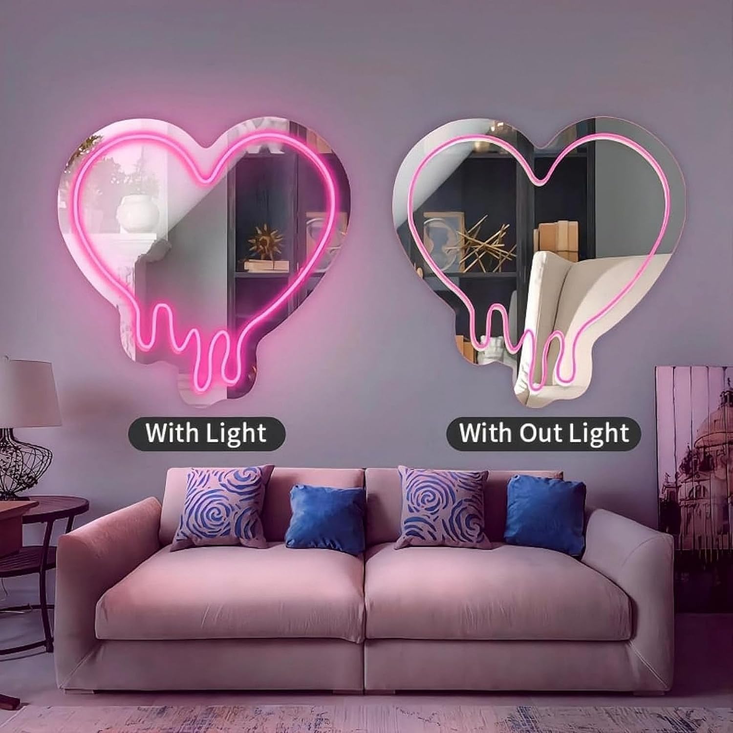 Pink Heart-Melting Neon Light Mirror, Decorative Wall Mirror