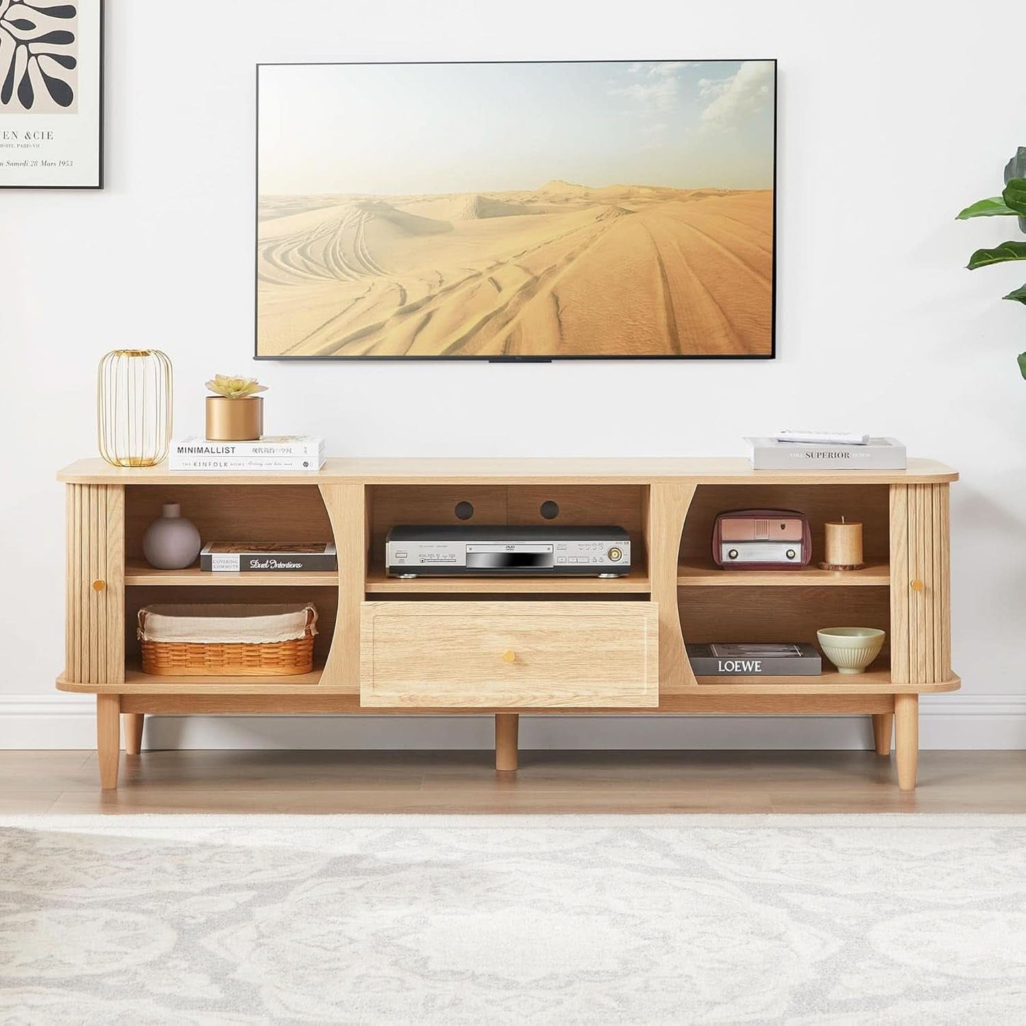 Natural Wood TV Stand with Sliding Doors