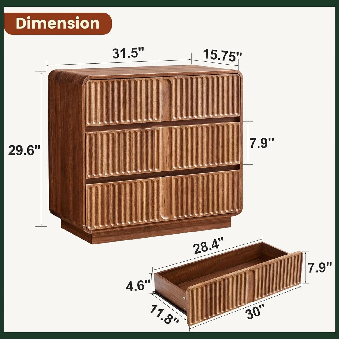 Walnut Fluted 3-Drawer Dresser