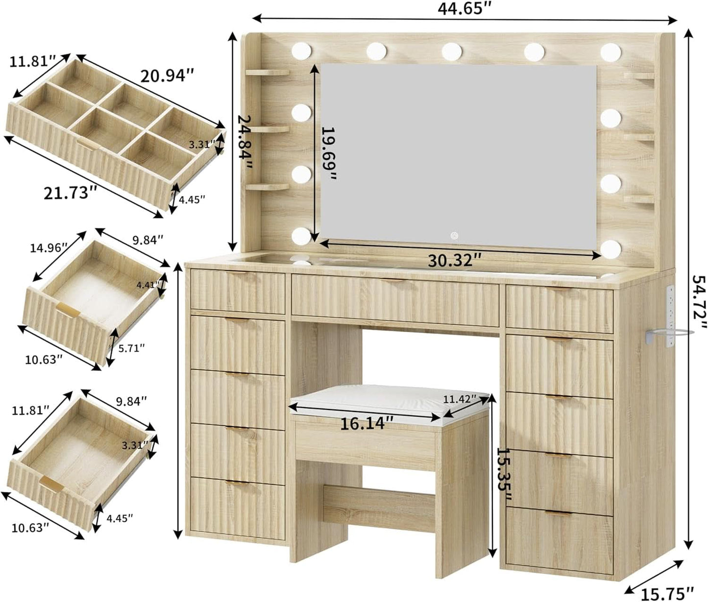 Modern Vanity Desk with Glass Top & Storage Drawers