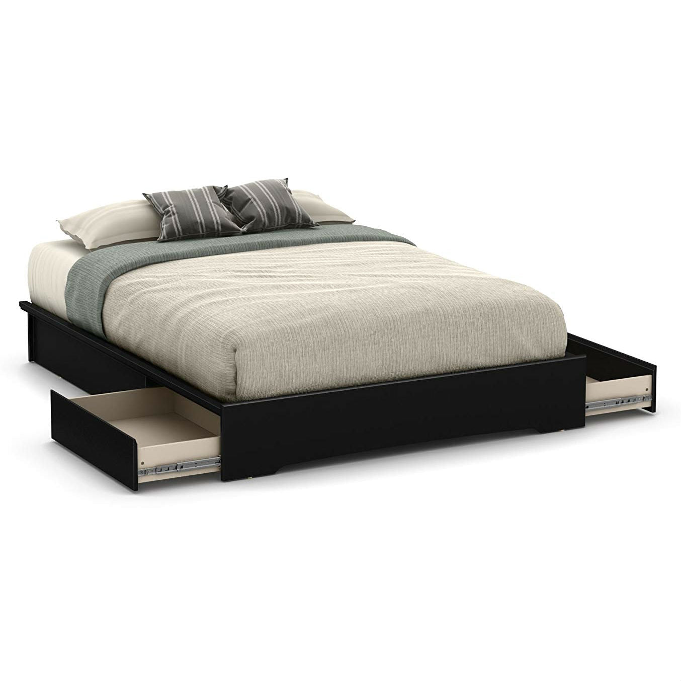 Queen Platform Bed with 2 Storage Drawers – Black Wood Finish