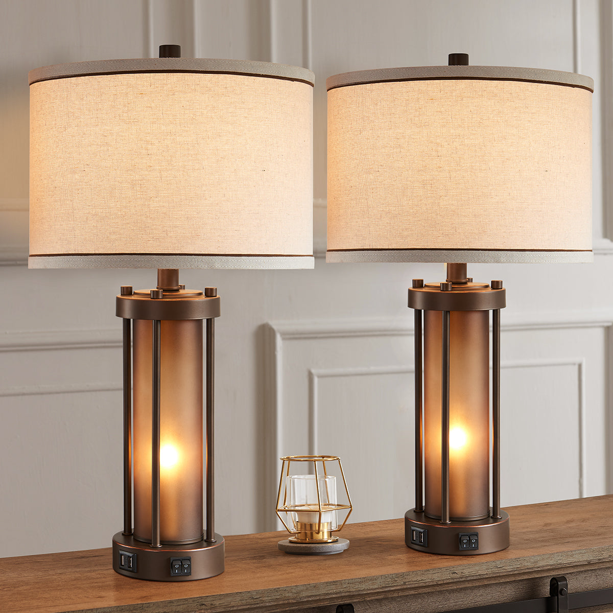 Set of 2 Table Lamps with Night Light & USB Ports