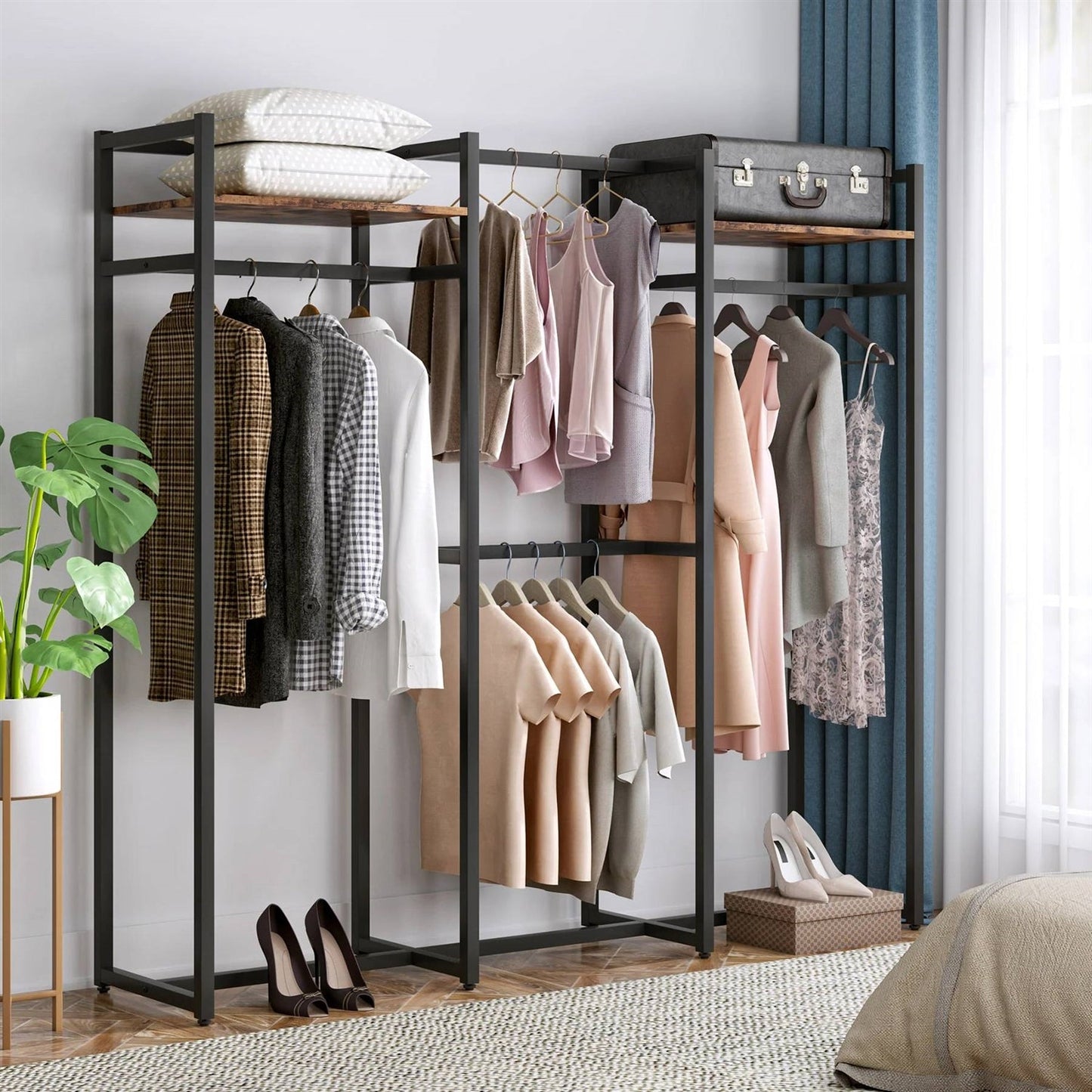 Heavy-Duty Garment Rack with 4 Hanging Rods & 2 Storage Shelves