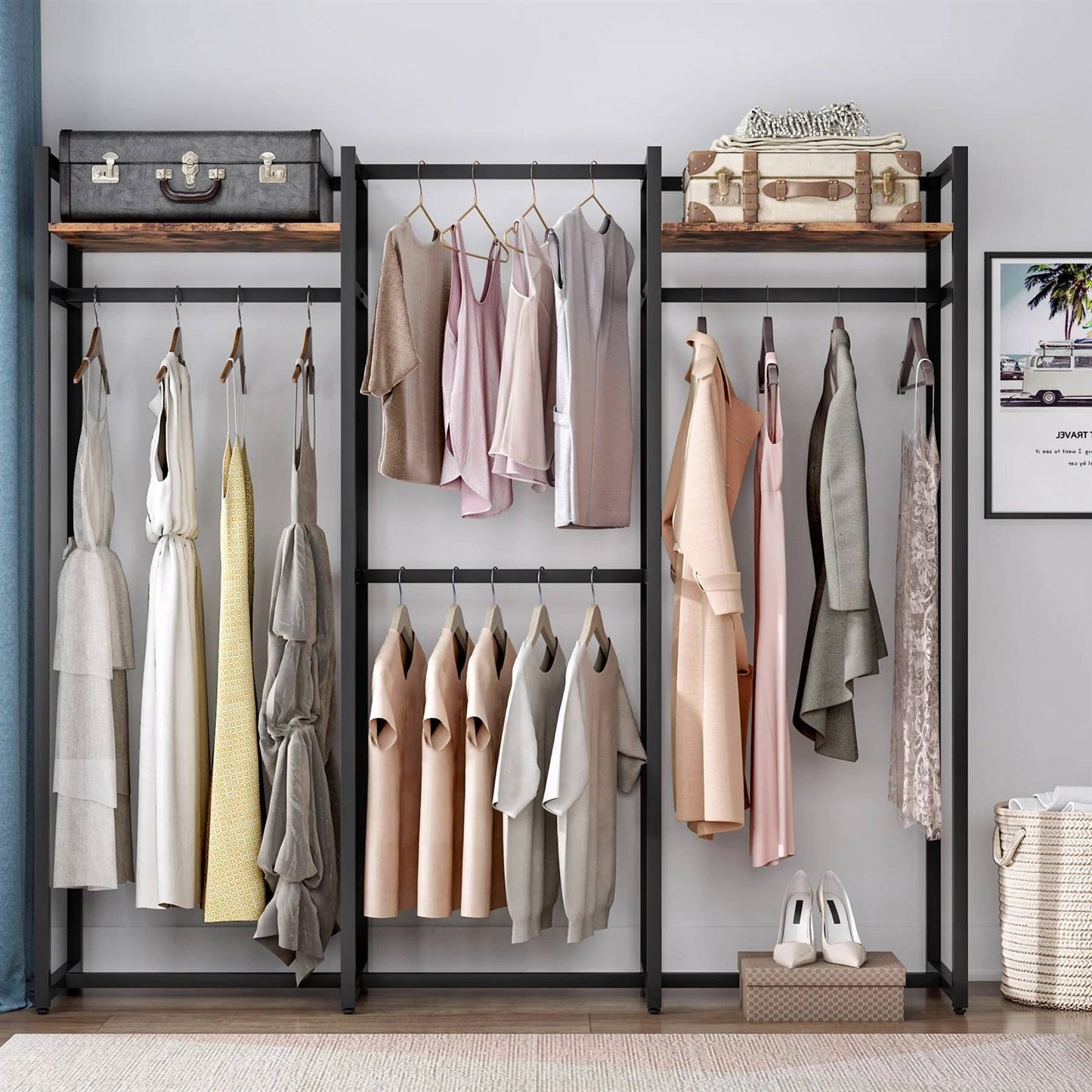 Heavy-Duty Garment Rack with 4 Hanging Rods & 2 Storage Shelves