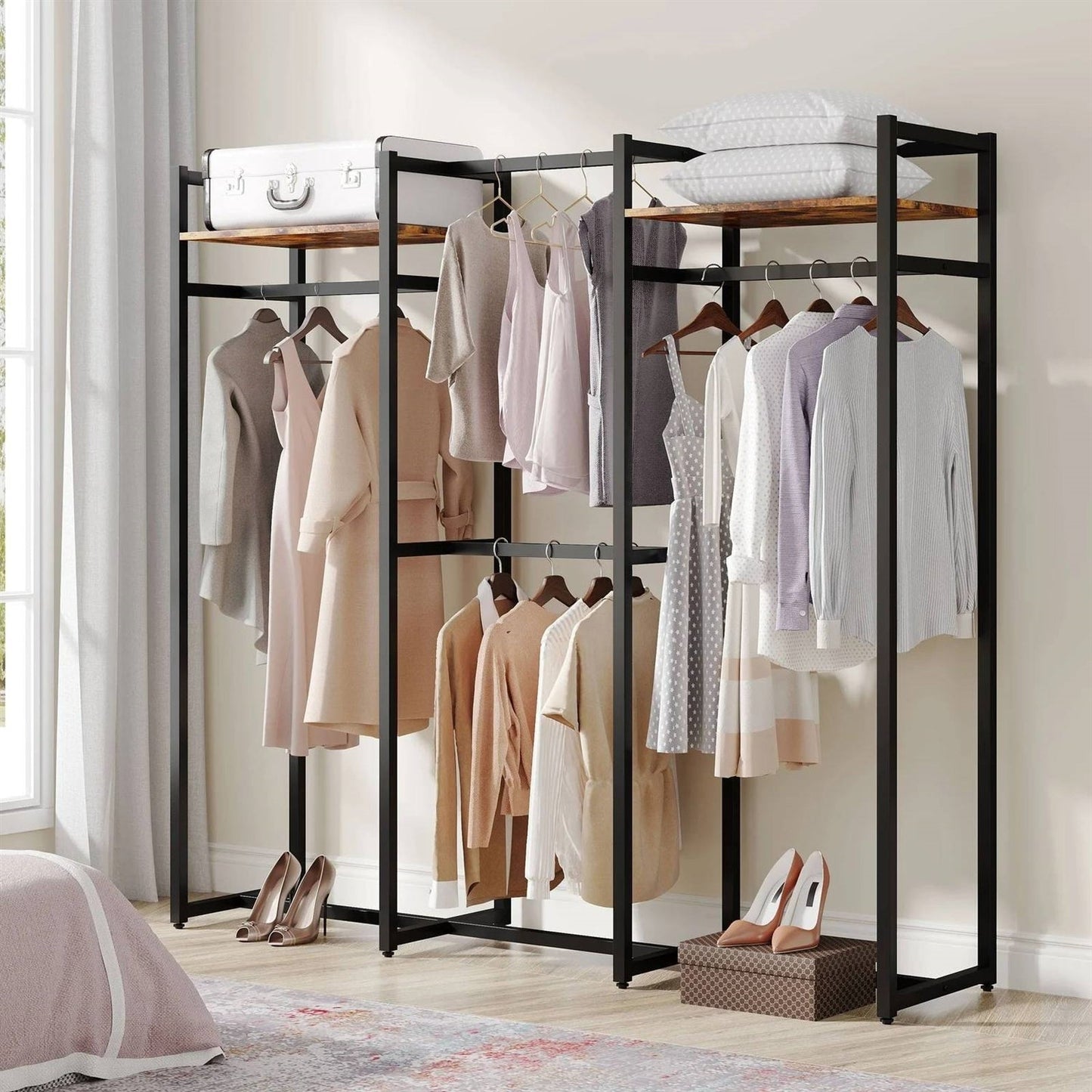 Heavy-Duty Garment Rack with 4 Hanging Rods & 2 Storage Shelves
