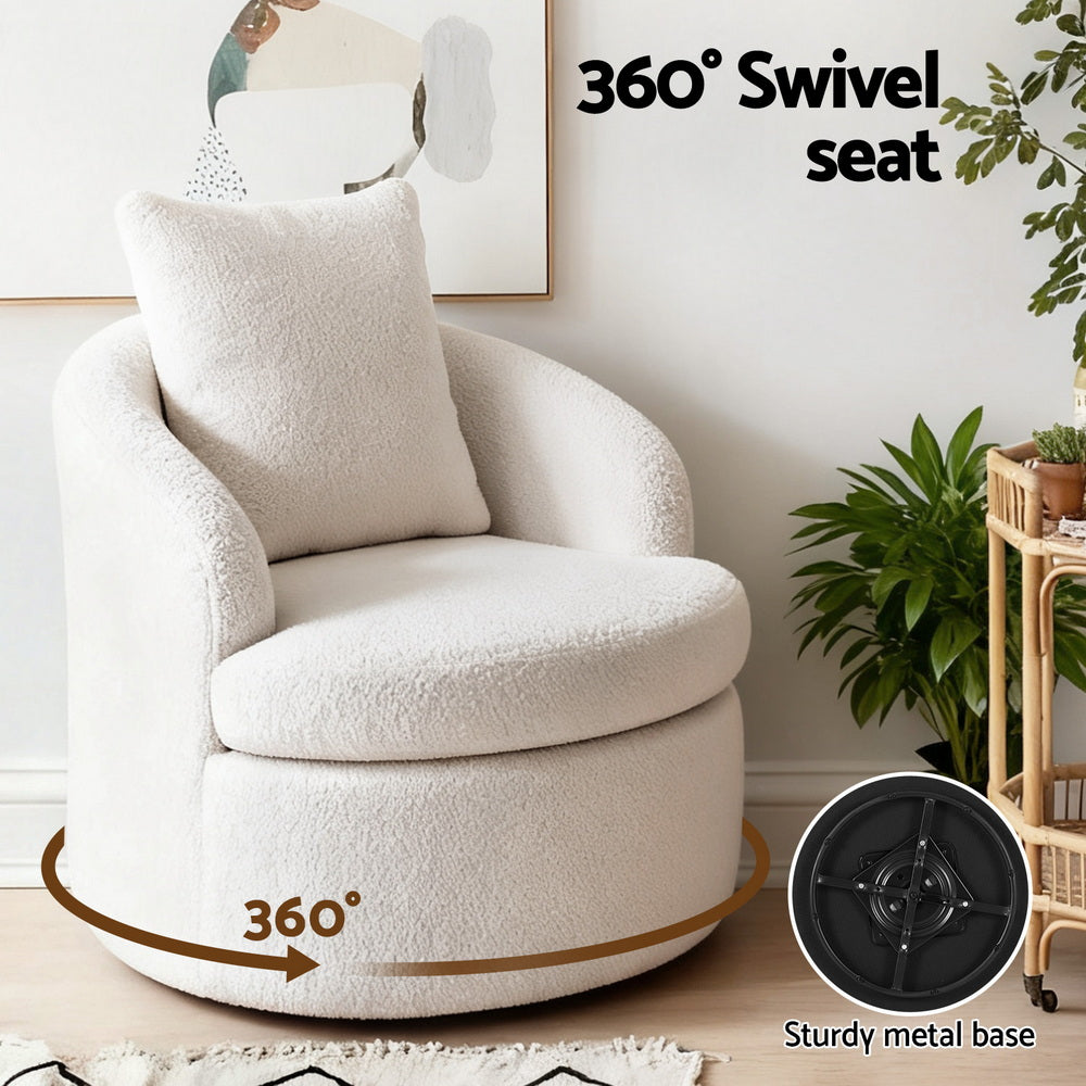 Artiss Round Swivel Armchair Extra Pillow White-3