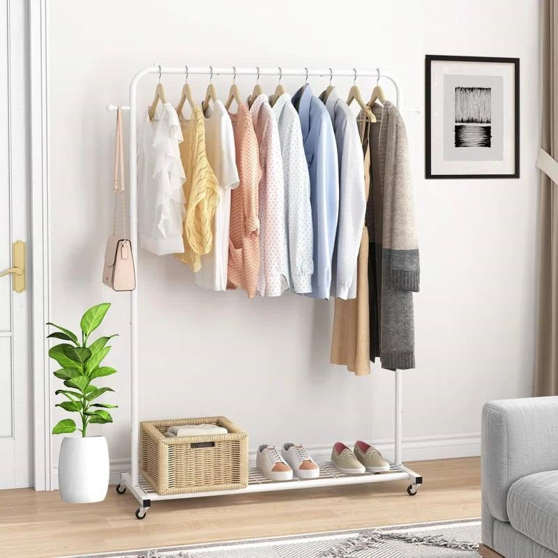 Modern White Garment Rack with Lockable Wheels