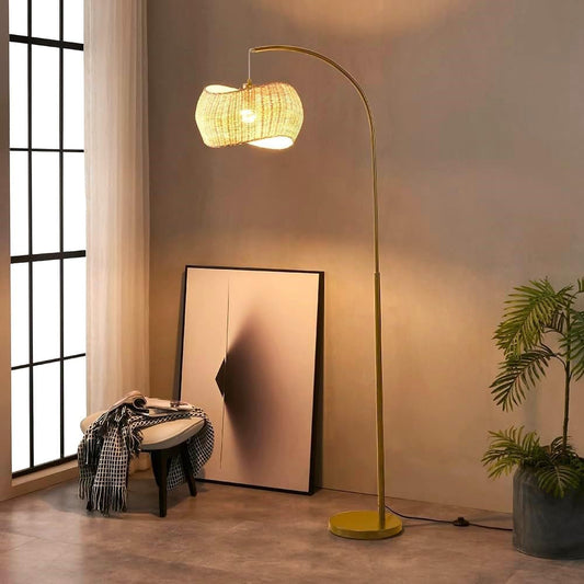 Aura Brass Arc Floor Lamp with Handwoven Wicker Shade