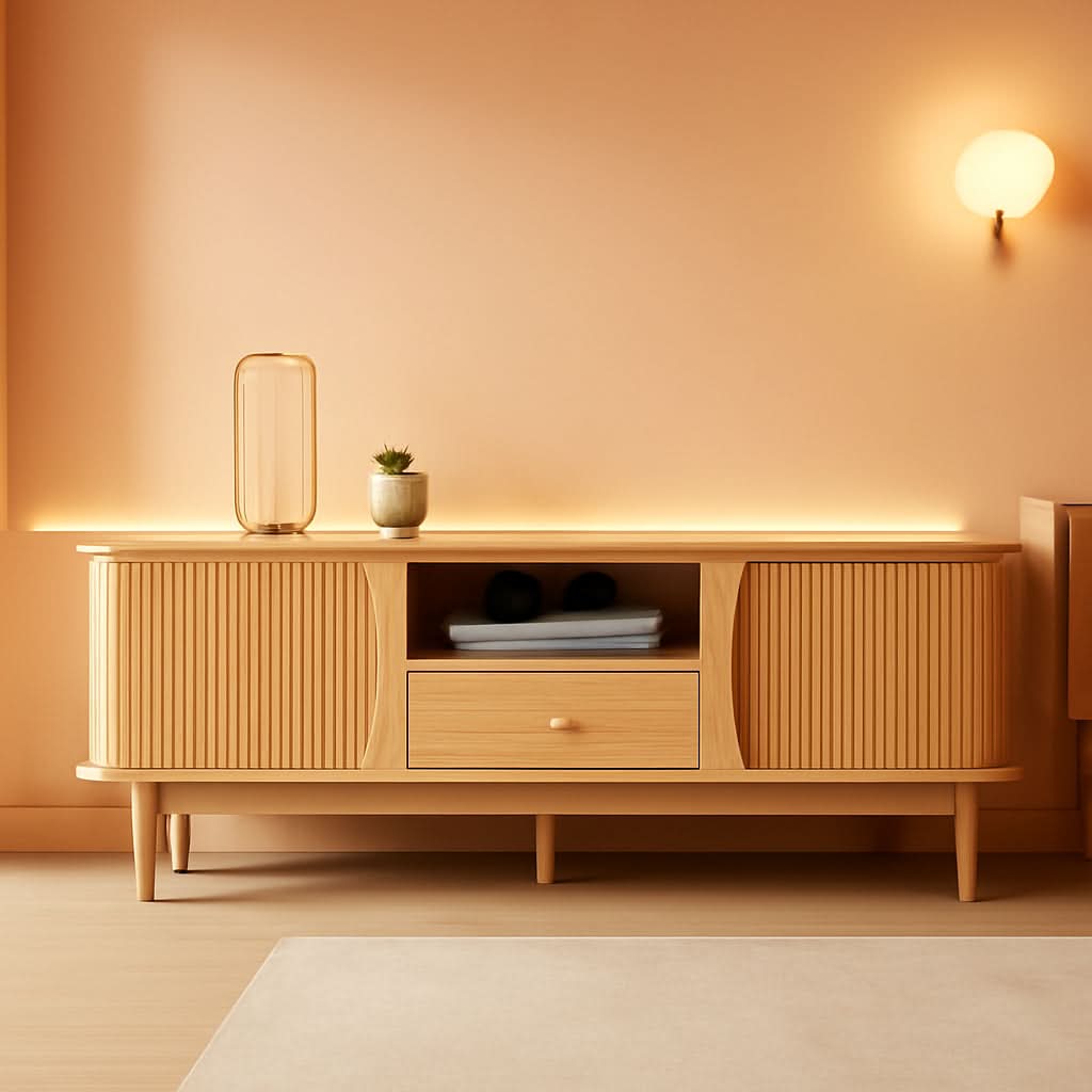 Natural Wood TV Stand with Sliding Doors