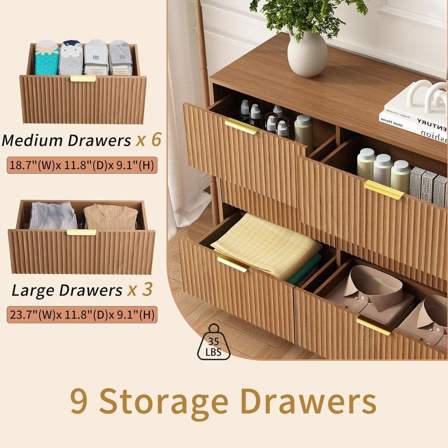 Modern 9-Drawer Dresser in Natural Wood