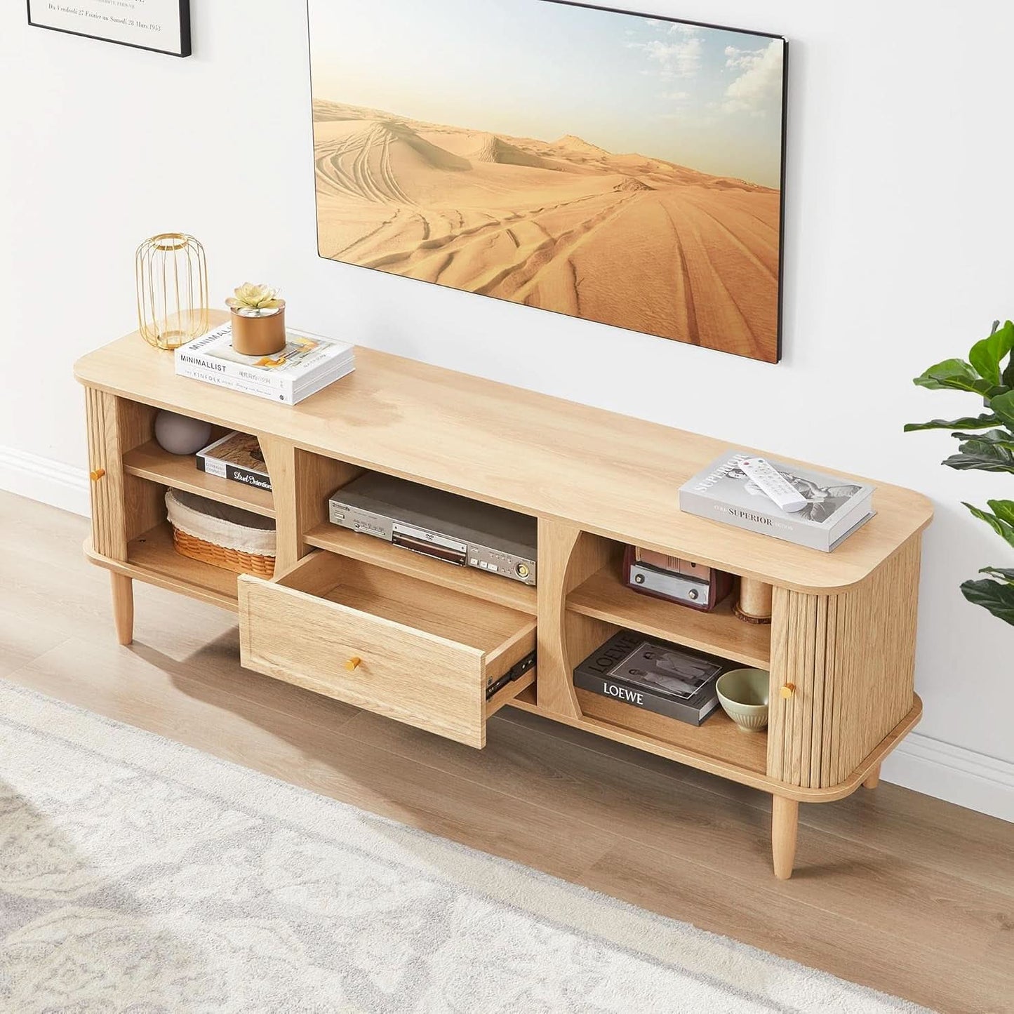Natural Wood TV Stand with Sliding Doors