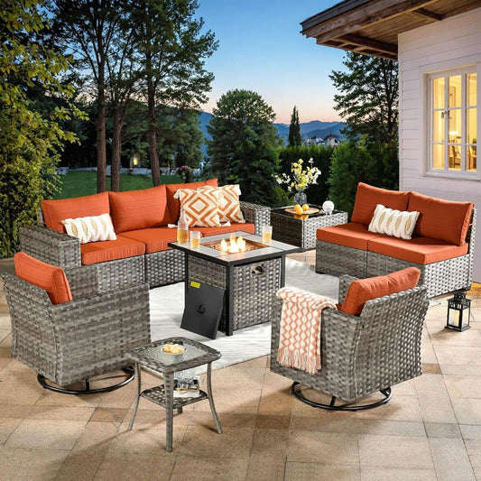Modular Outdoor Wicker Sofa Set with Fire Pit Table