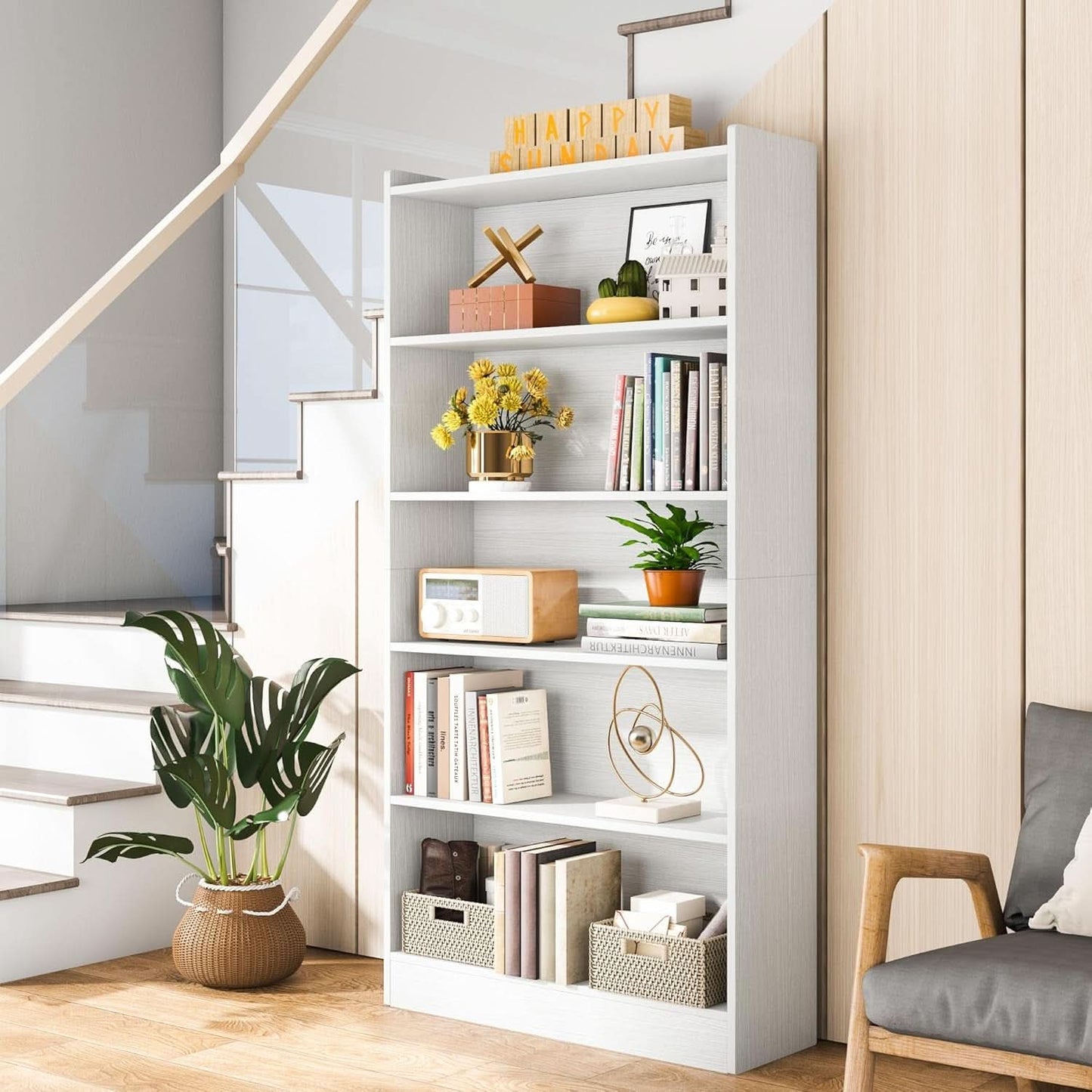 Tall White 6-Tier Contemporary Bookcase