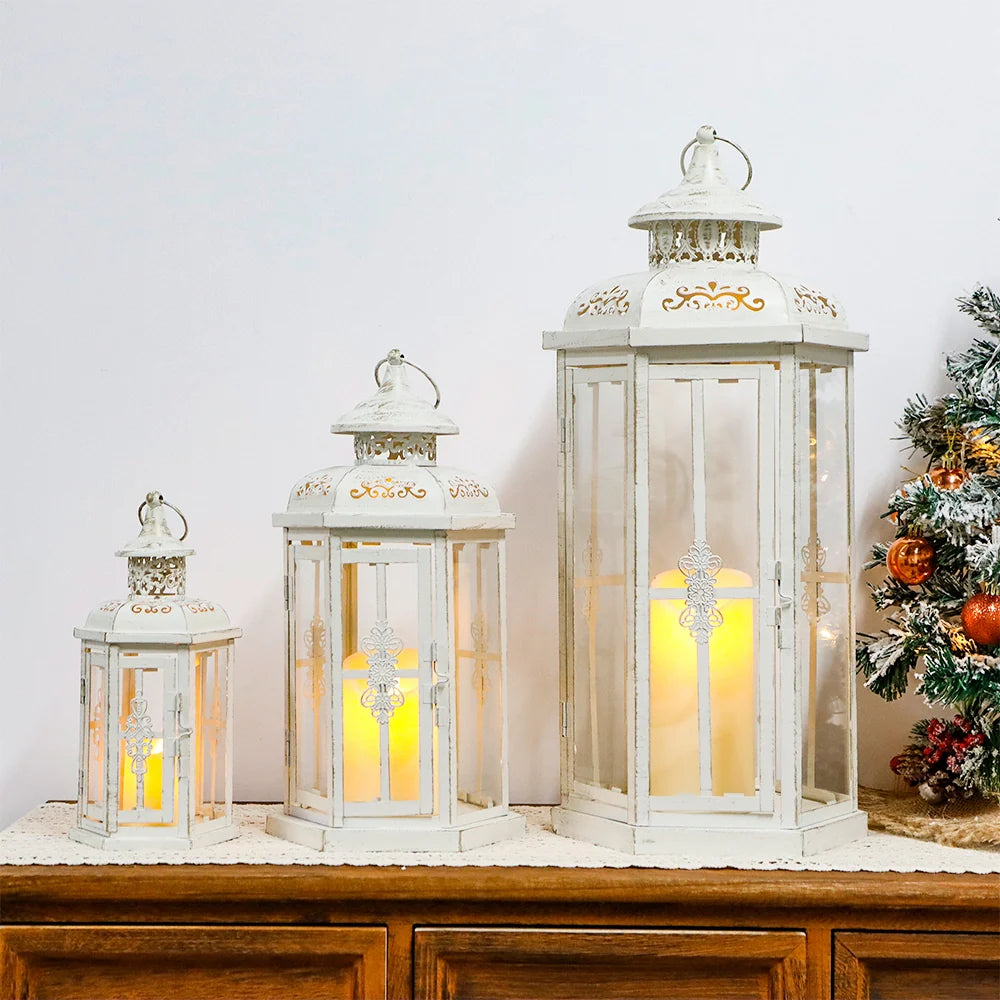 Set of 3 White & Gold Candle Lanterns