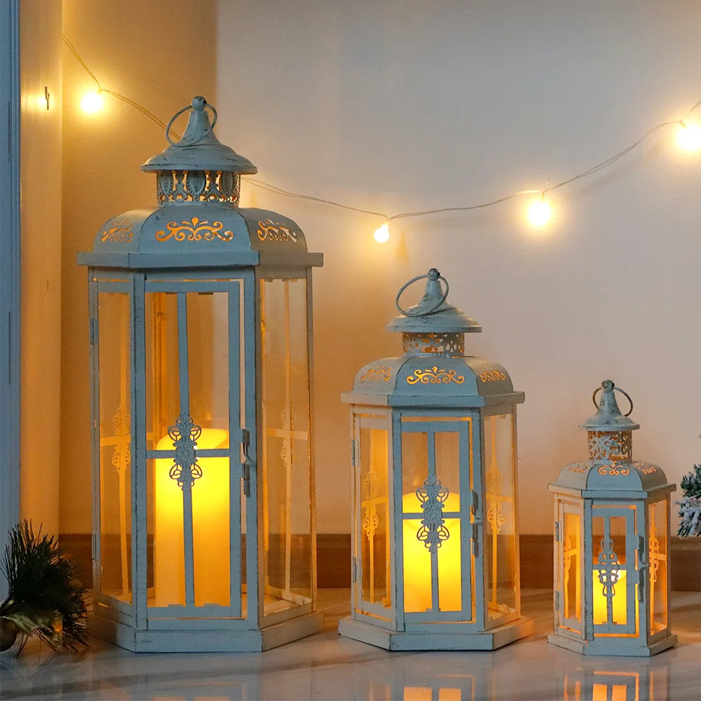 Set of 3 White & Gold Candle Lanterns