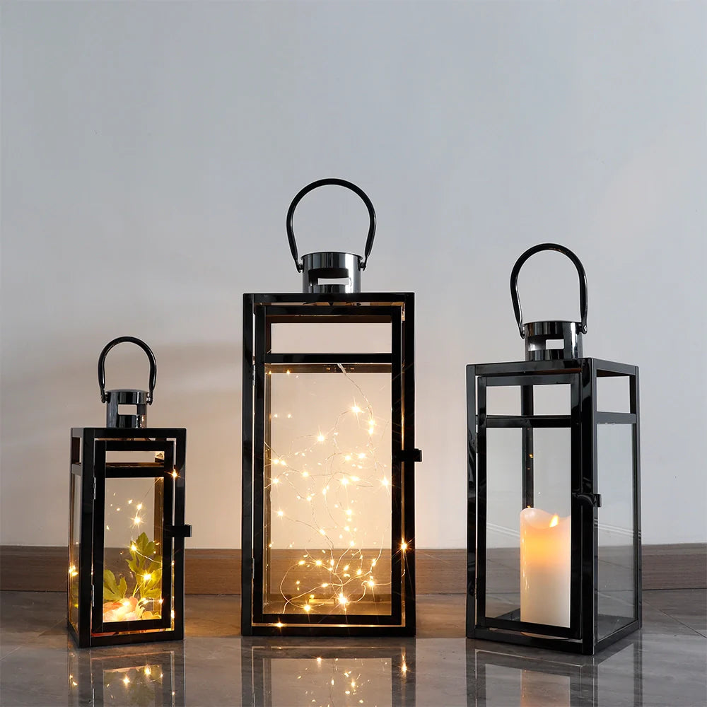 Set of 3 Black Metal Candle Lanterns