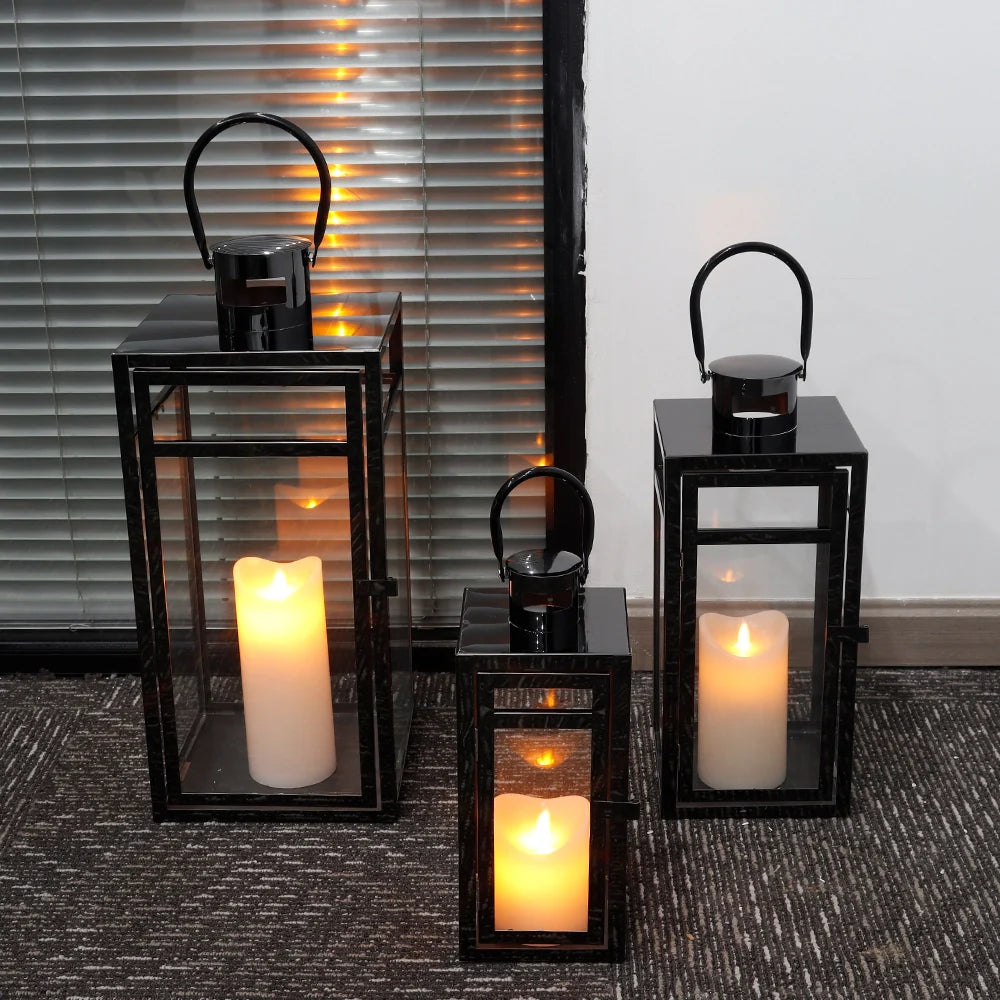 Set of 3 Black Metal Candle Lanterns