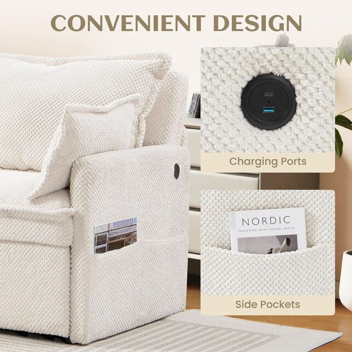 Convertible King Sofa Bed with USB Charging & Storage Pockets