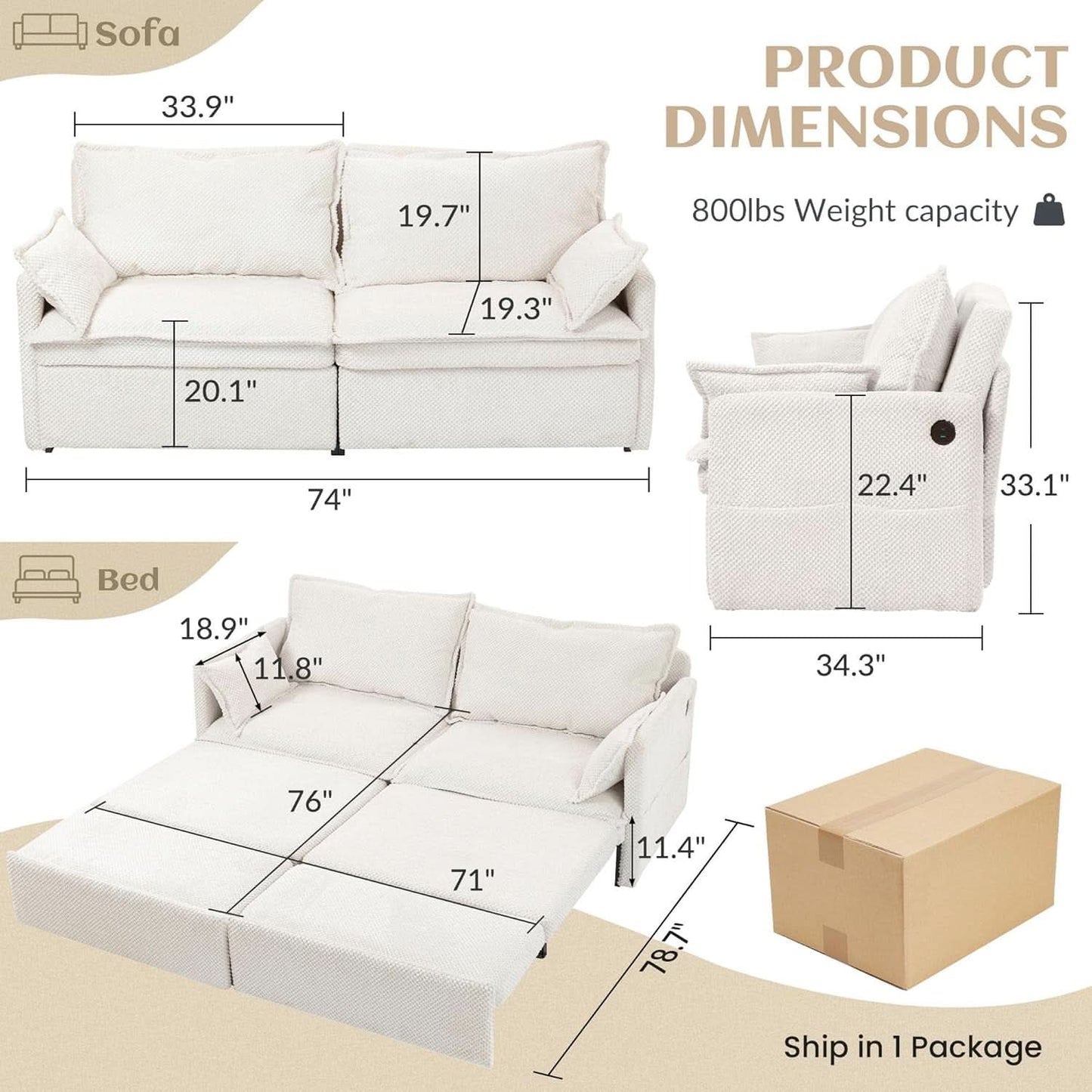 Convertible King Sofa Bed with USB Charging & Storage Pockets