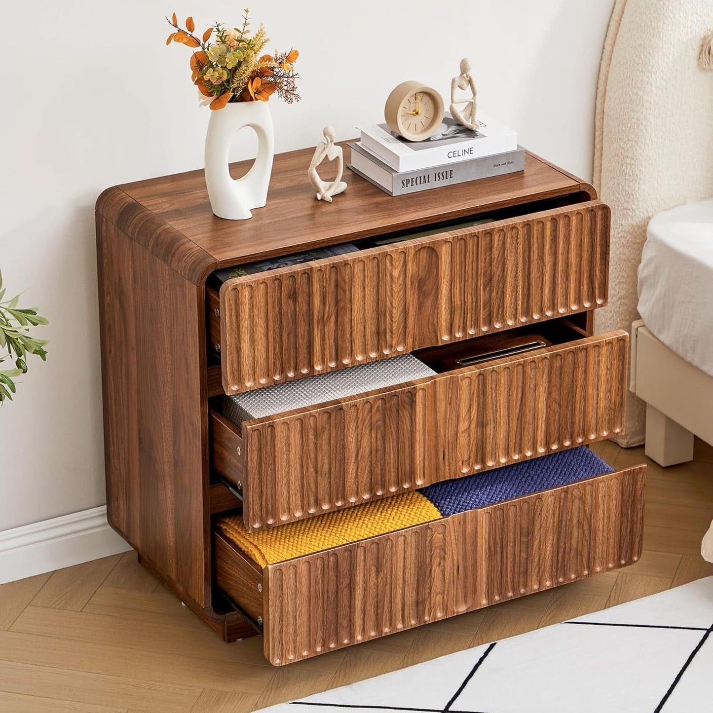 Walnut Fluted 3-Drawer Dresser