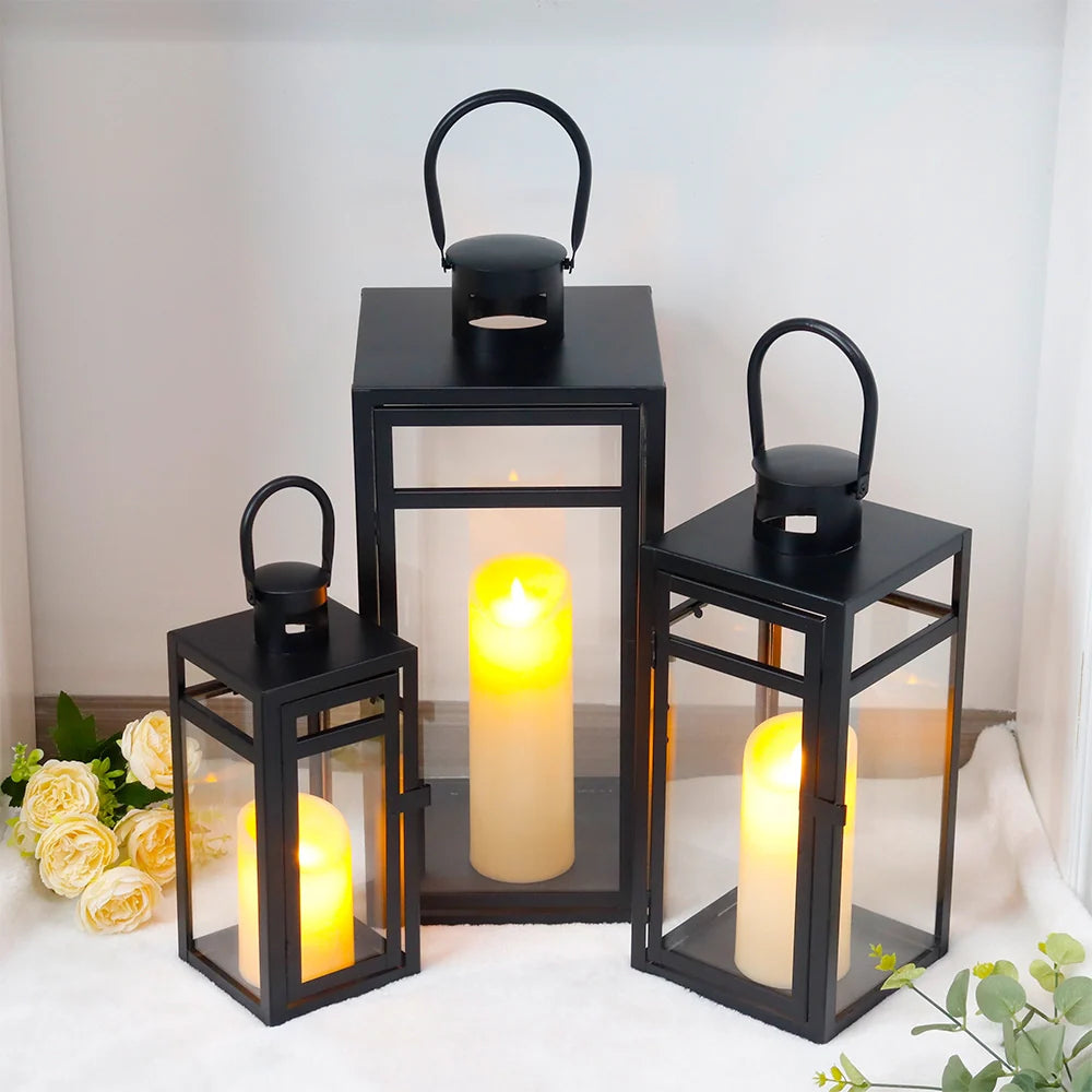 Set of 3 Black Metal Candle Lanterns