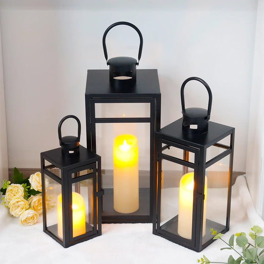 Set of 3 Black Metal Candle Lanterns