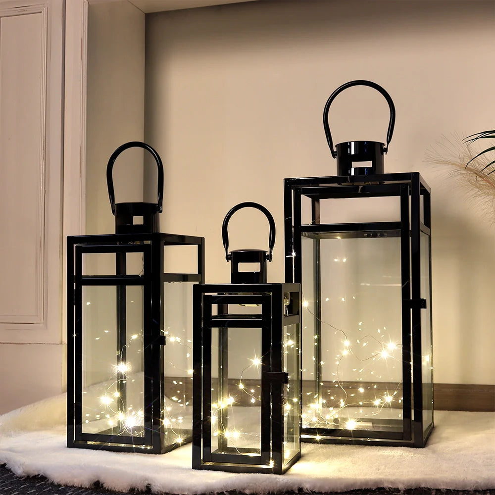 Set of 3 Black Metal Candle Lanterns