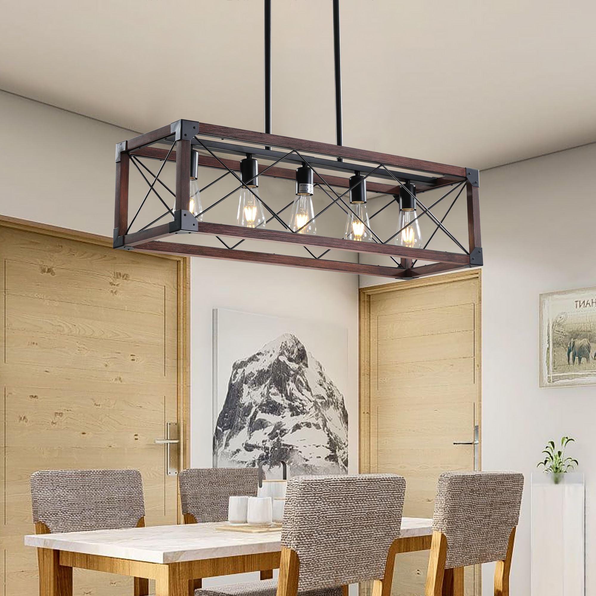 32" Red Wood Industrial Farmhouse Rectangle Pendant Light, 5-Light Chandelier for Dining Room, Kitchen Island, Cafe Decor (No Bulbs)