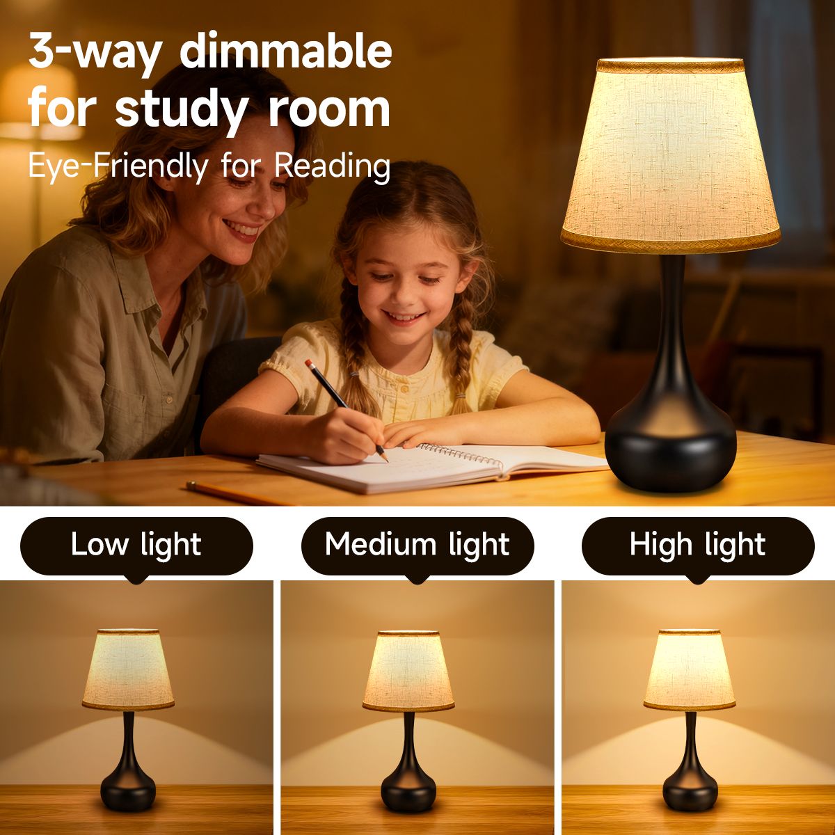 3-Way Dimmable Set of 2 Small Bedside Lamps