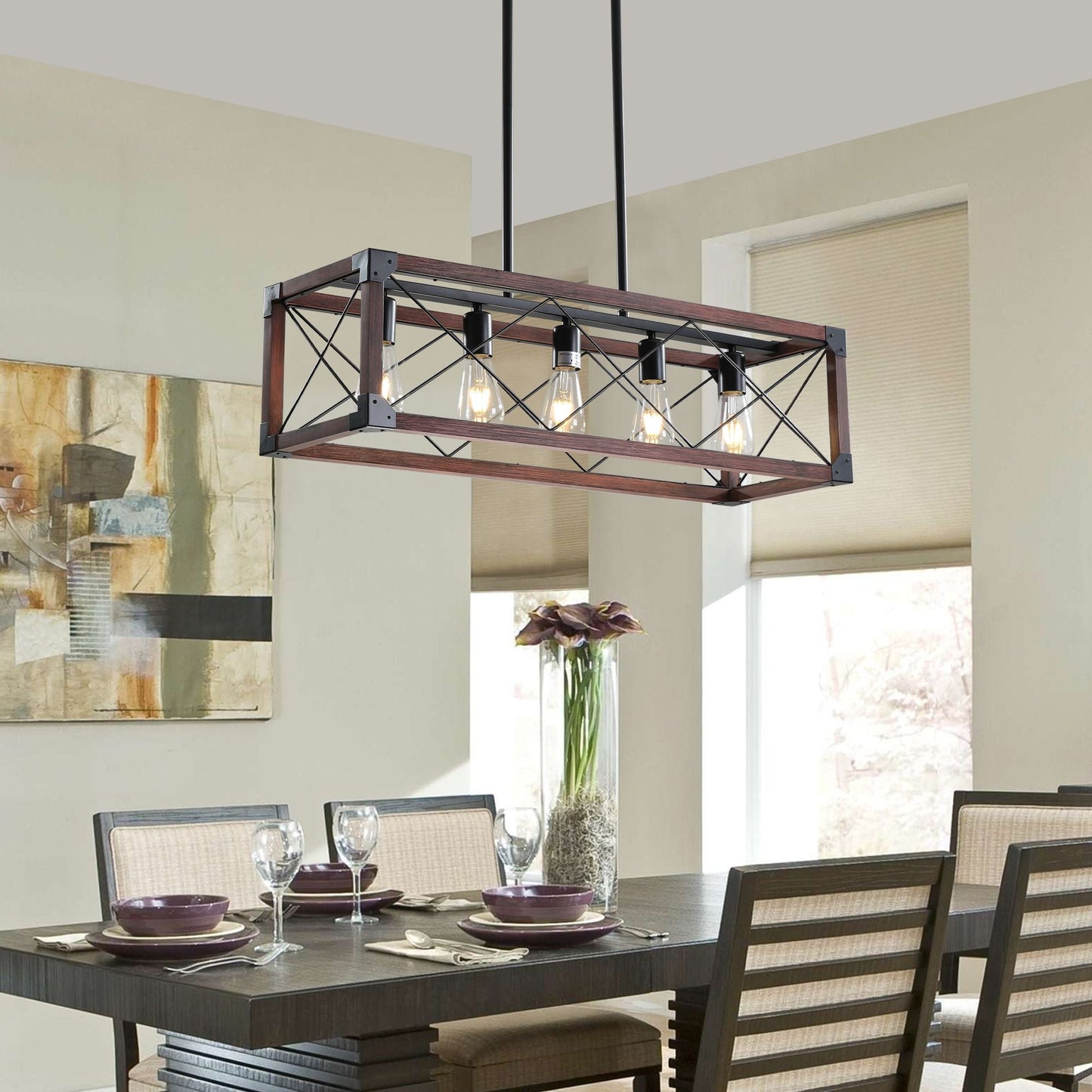 Red Wood Industrial Farmhouse Rectangle Pendant Light