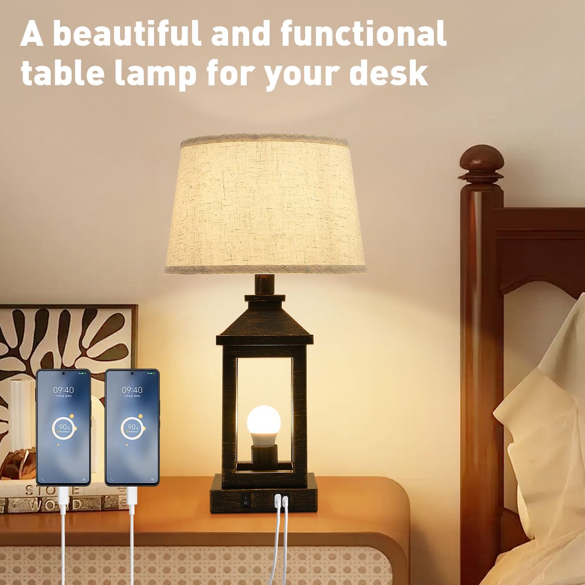 20.5in Black Gold Farmhouse Bedside Table Lamp (Including Light Bulbs)