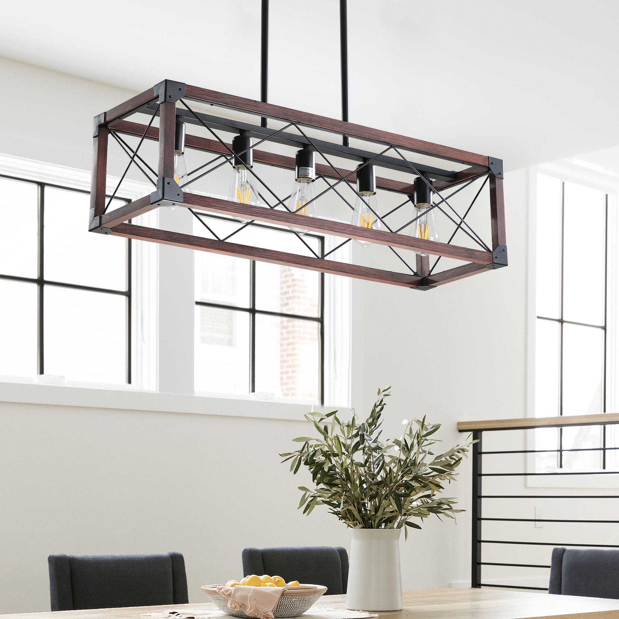 32" Red Wood Industrial Farmhouse Rectangle Pendant Light, 5-Light Chandelier for Dining Room, Kitchen Island, Cafe Decor (No Bulbs)