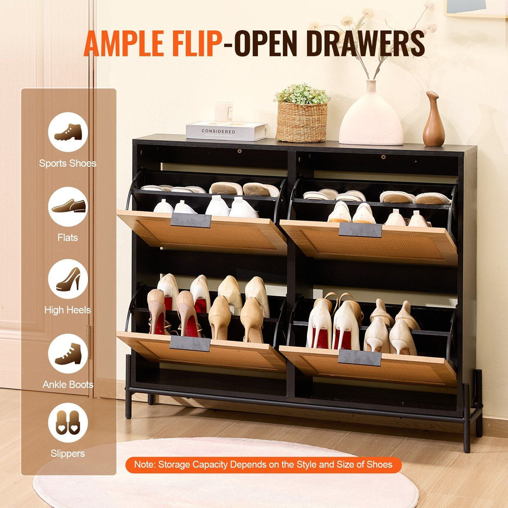 Rattan Shoe Cabinet, Narrow Shoe Storage Organizer with 4 Flip Drawers for Entryway, Closet, Hallway