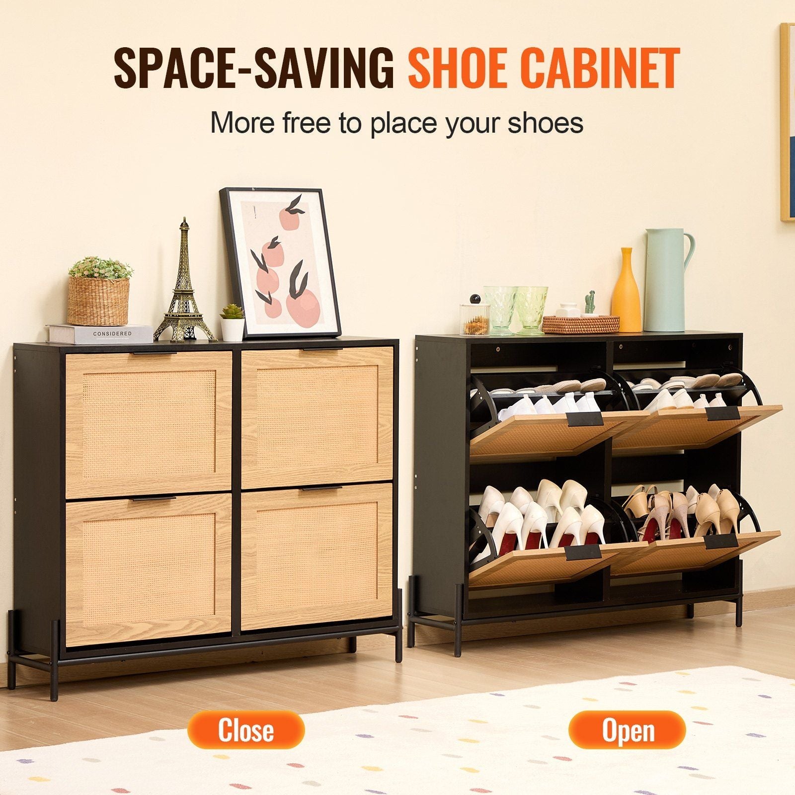 Rattan Shoe Cabinet, Narrow Shoe Storage Organizer with 4 Flip Drawers for Entryway, Closet, Hallway