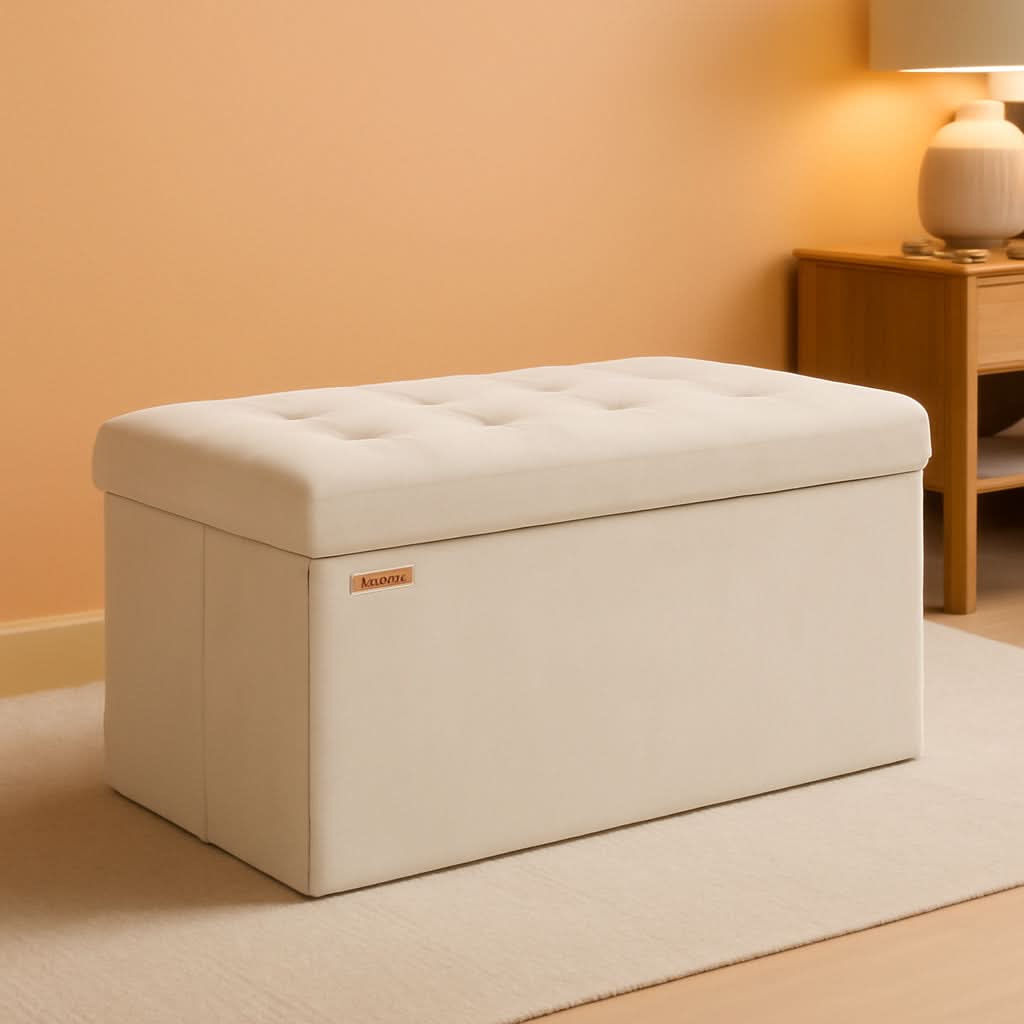 Foldable Storage Ottoman Bench in Cream