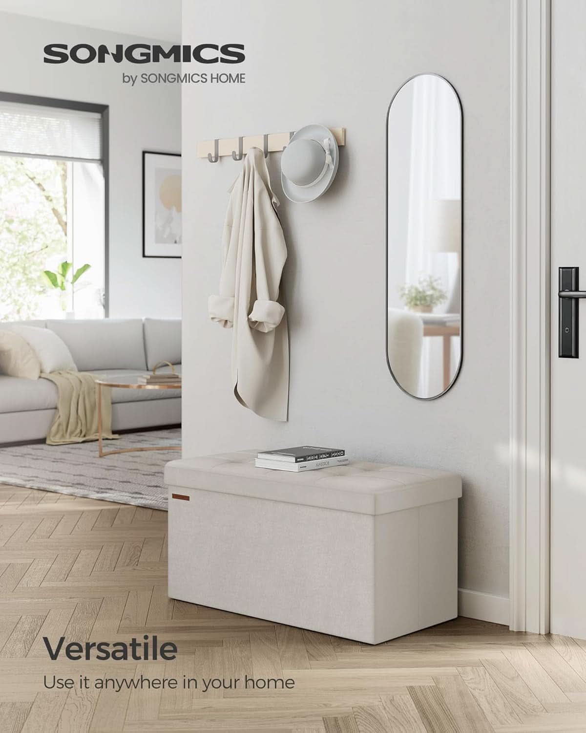 Foldable Storage Ottoman Bench in Cream