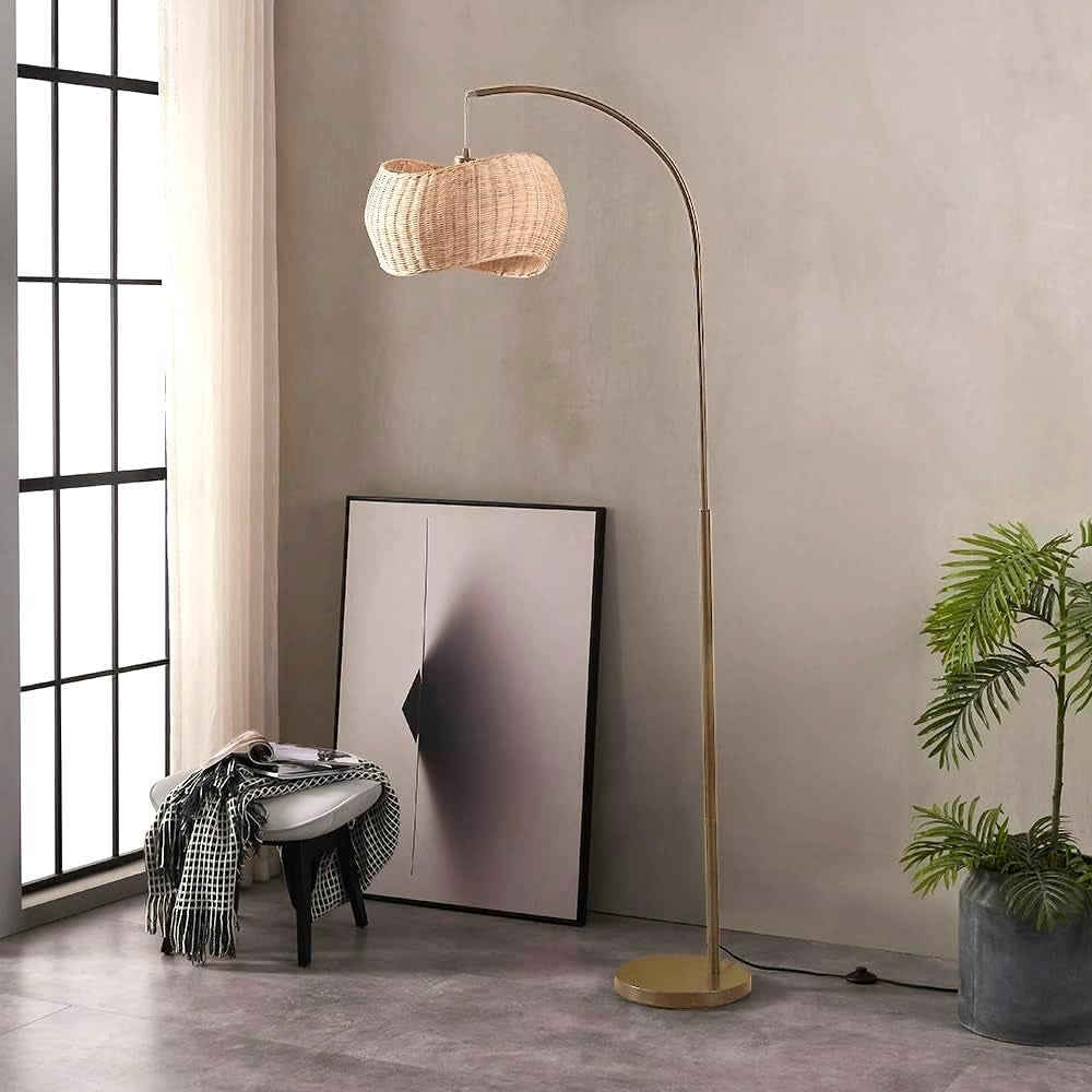 Aura Brass Arc Floor Lamp with Handwoven Wicker Shade