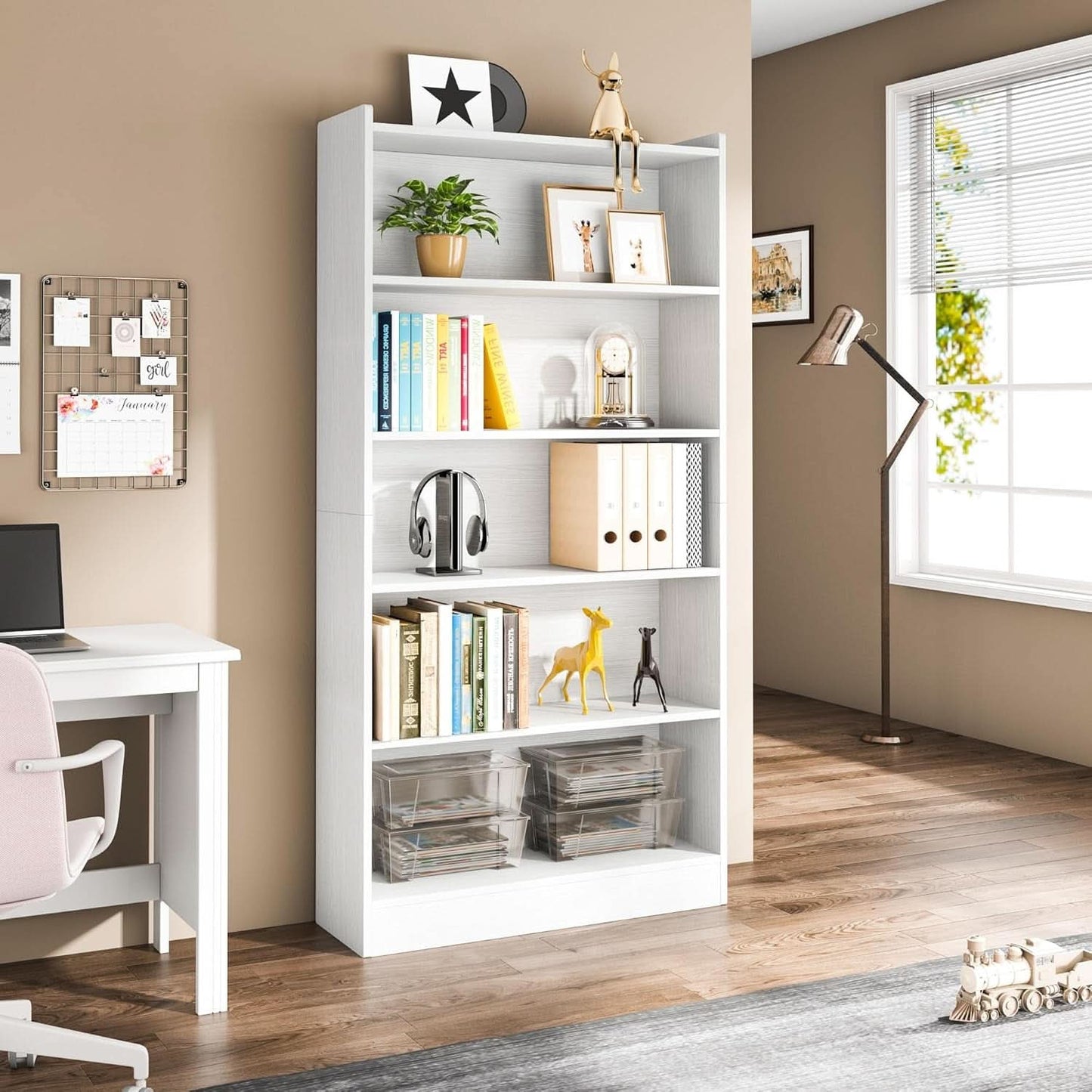 Tall White 6-Tier Contemporary Bookcase