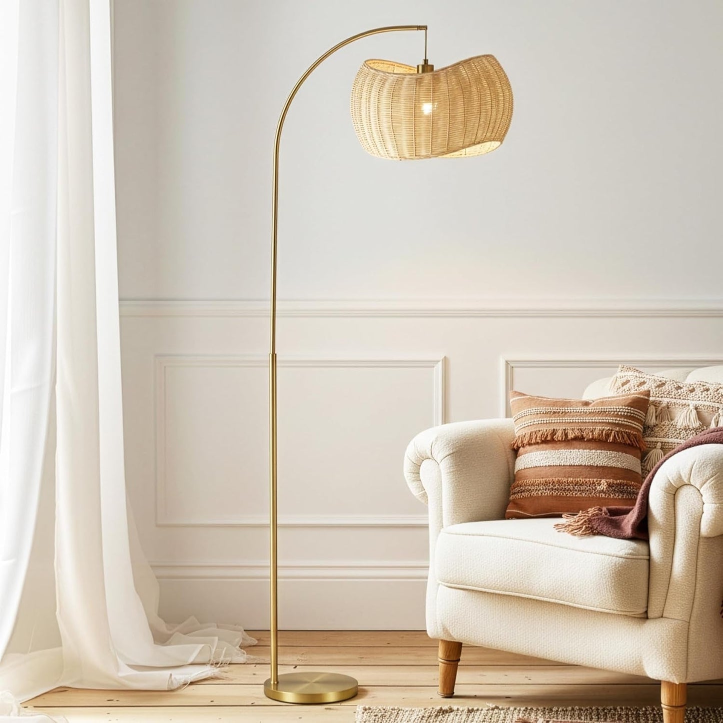 Aura Brass Arc Floor Lamp with Handwoven Wicker Shade