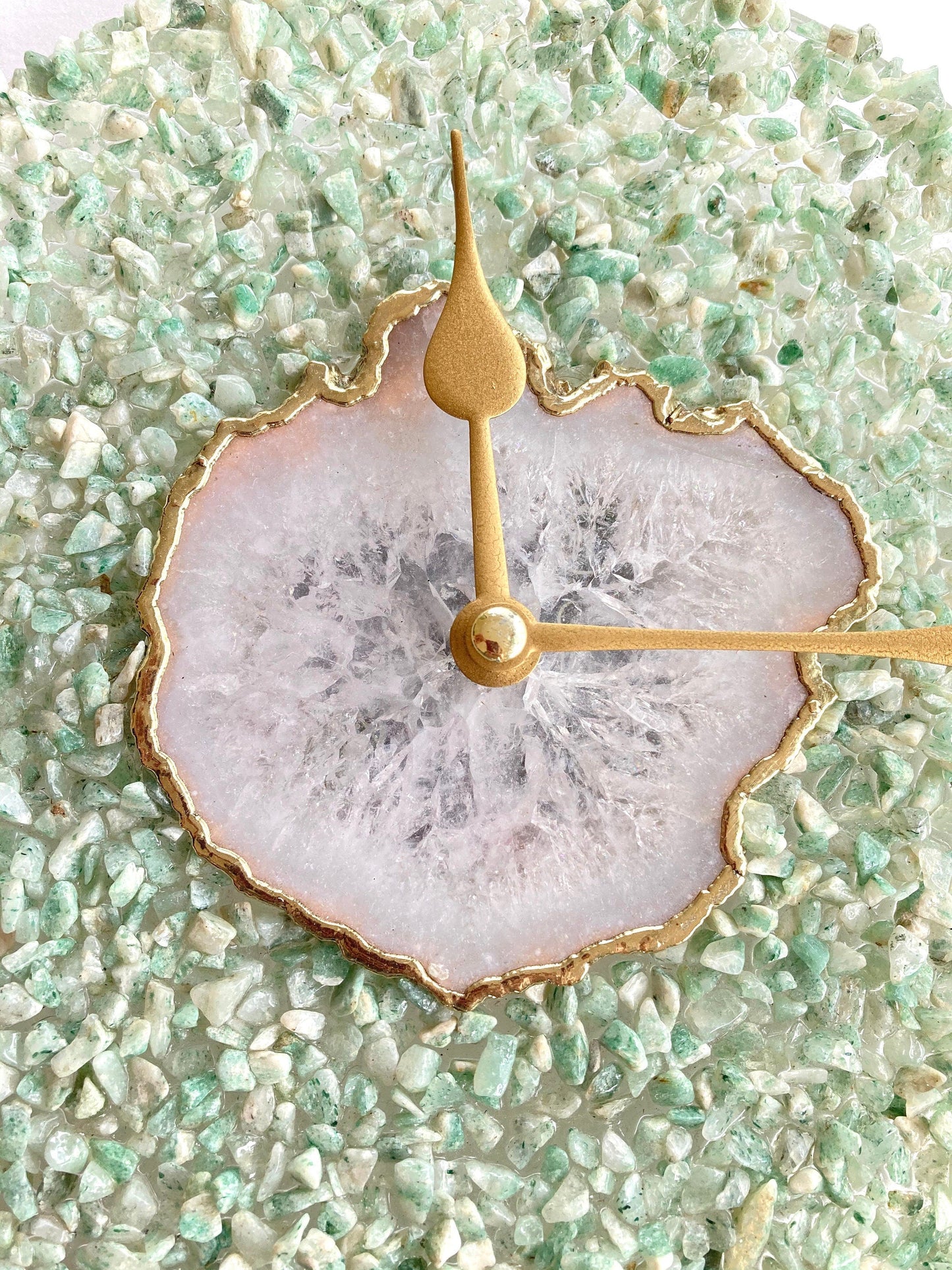 Large White Agate Wall Clock with Light Green Crystal
