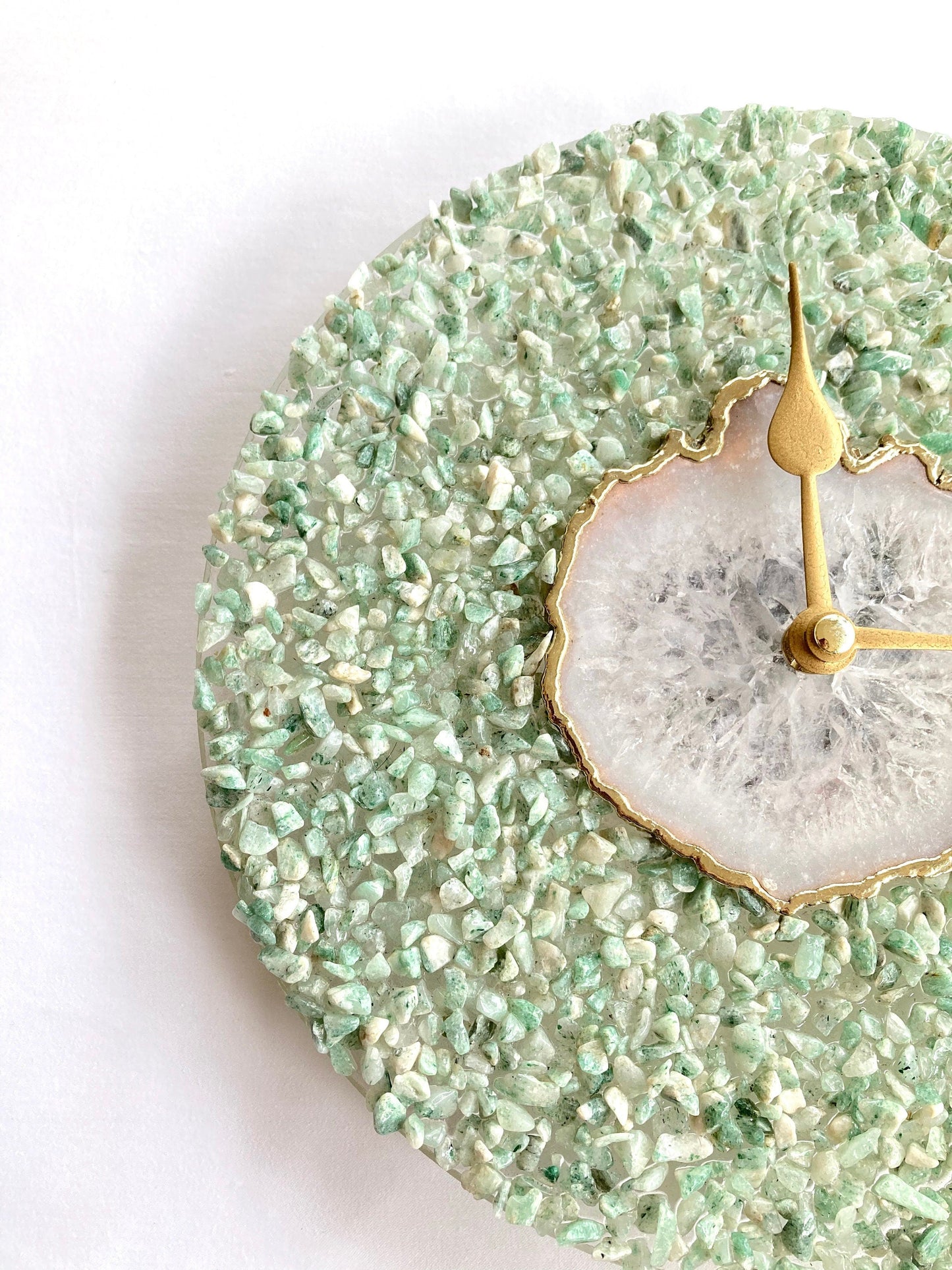 Large White Agate Wall Clock with Light Green Crystal